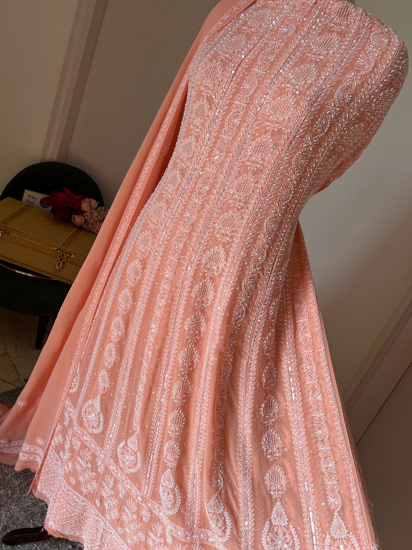 Peach fine Chikankari pearl and sequins Anarkali with Dupatta