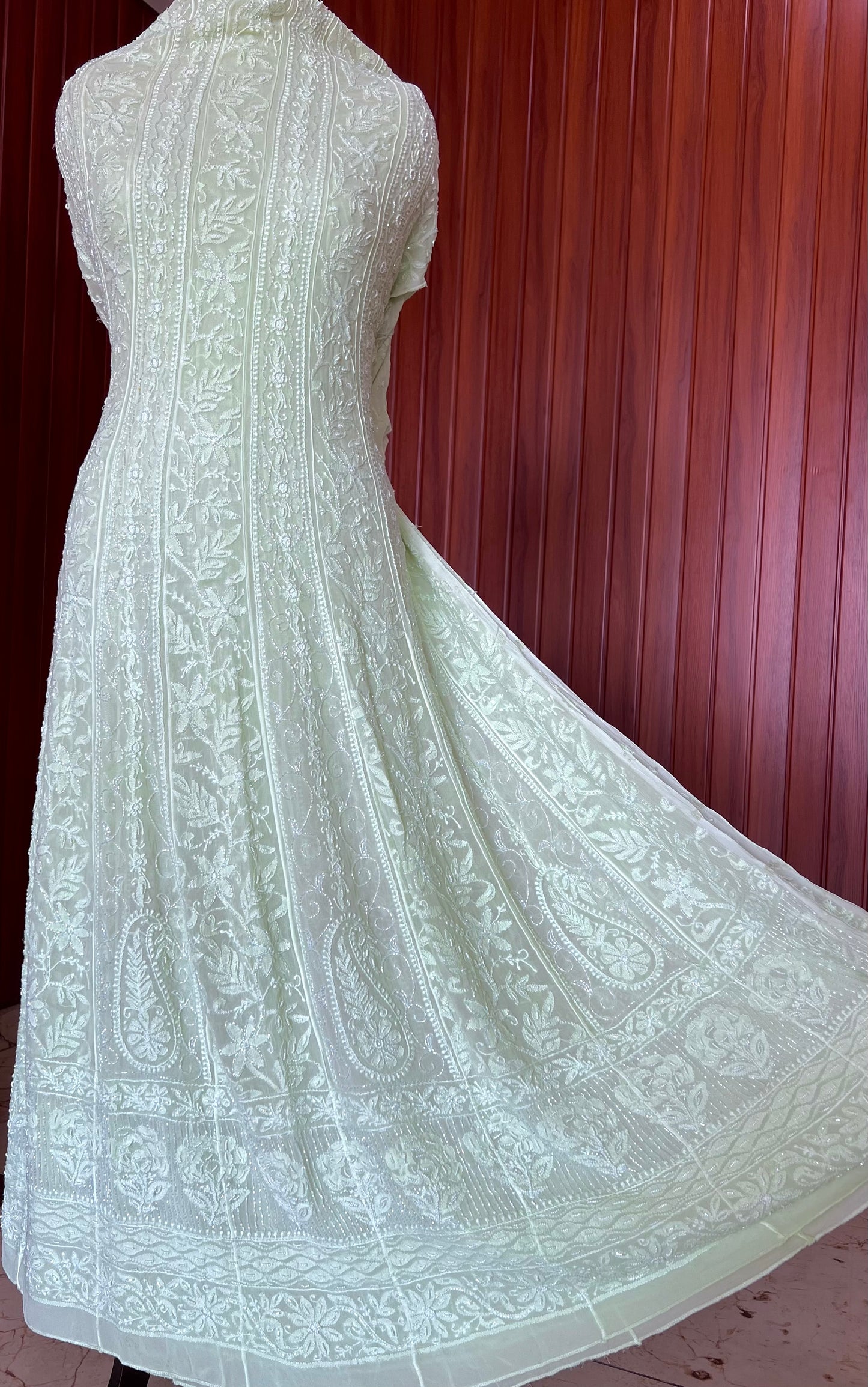 Lime green Chikankari Pearl Cut Dana Embroidered Anarkali with Dupatta