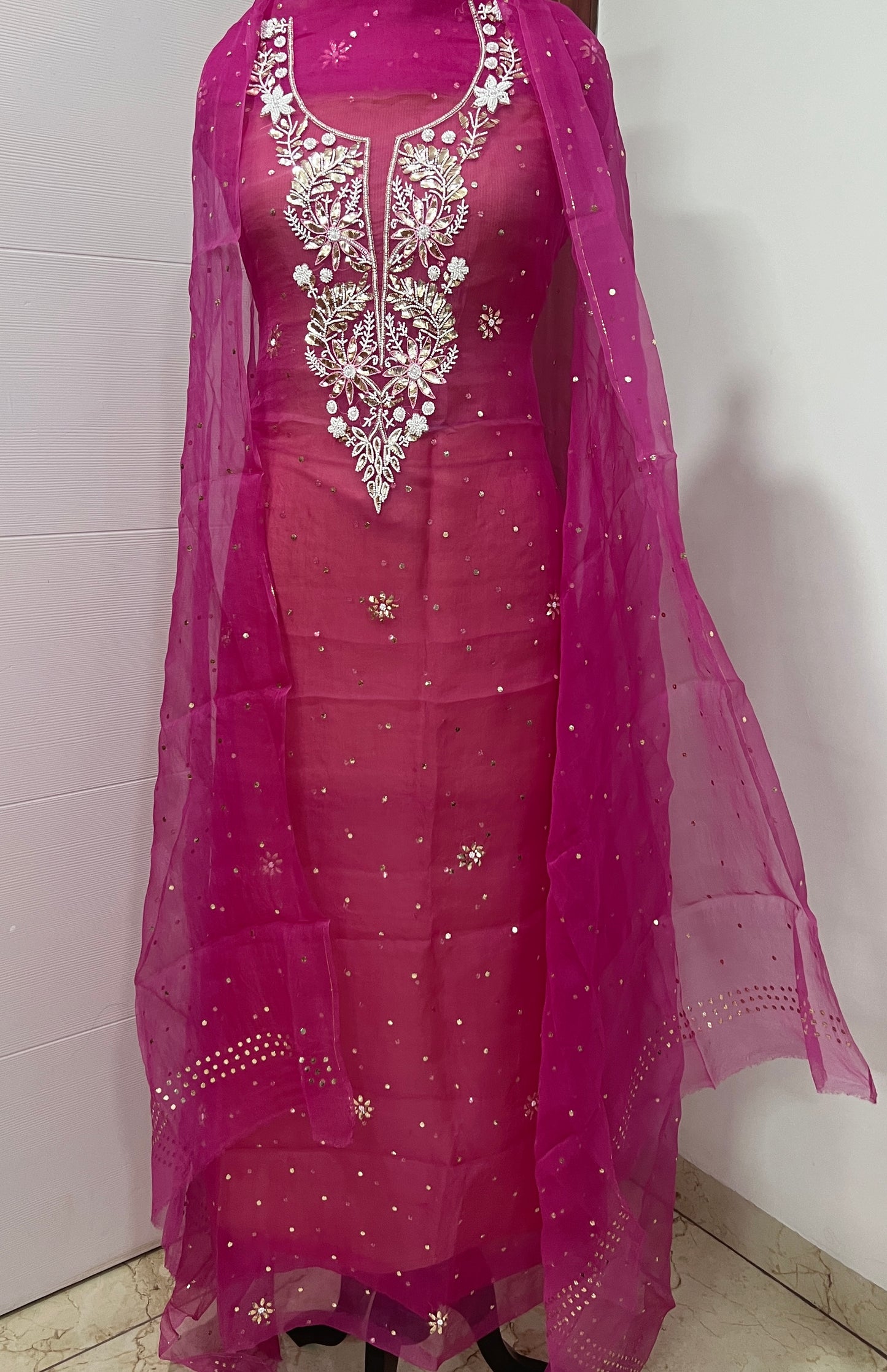 Hot Pink Badla and Mukaish work pure Organza kurta with dupatta
