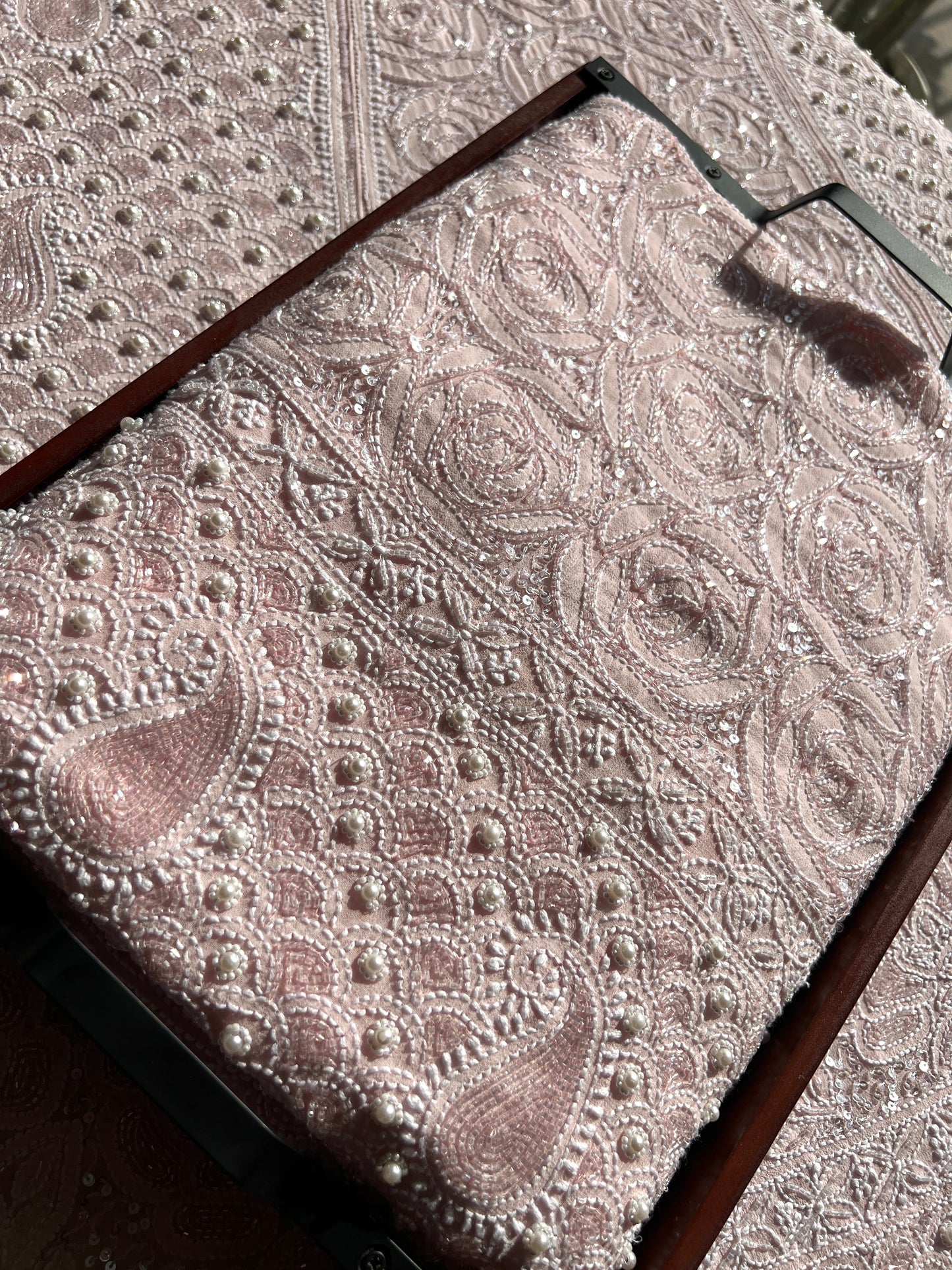 Ruhani Powder Pink Chikankari Pearl Cut Dana Sequins Wedding Lehenga