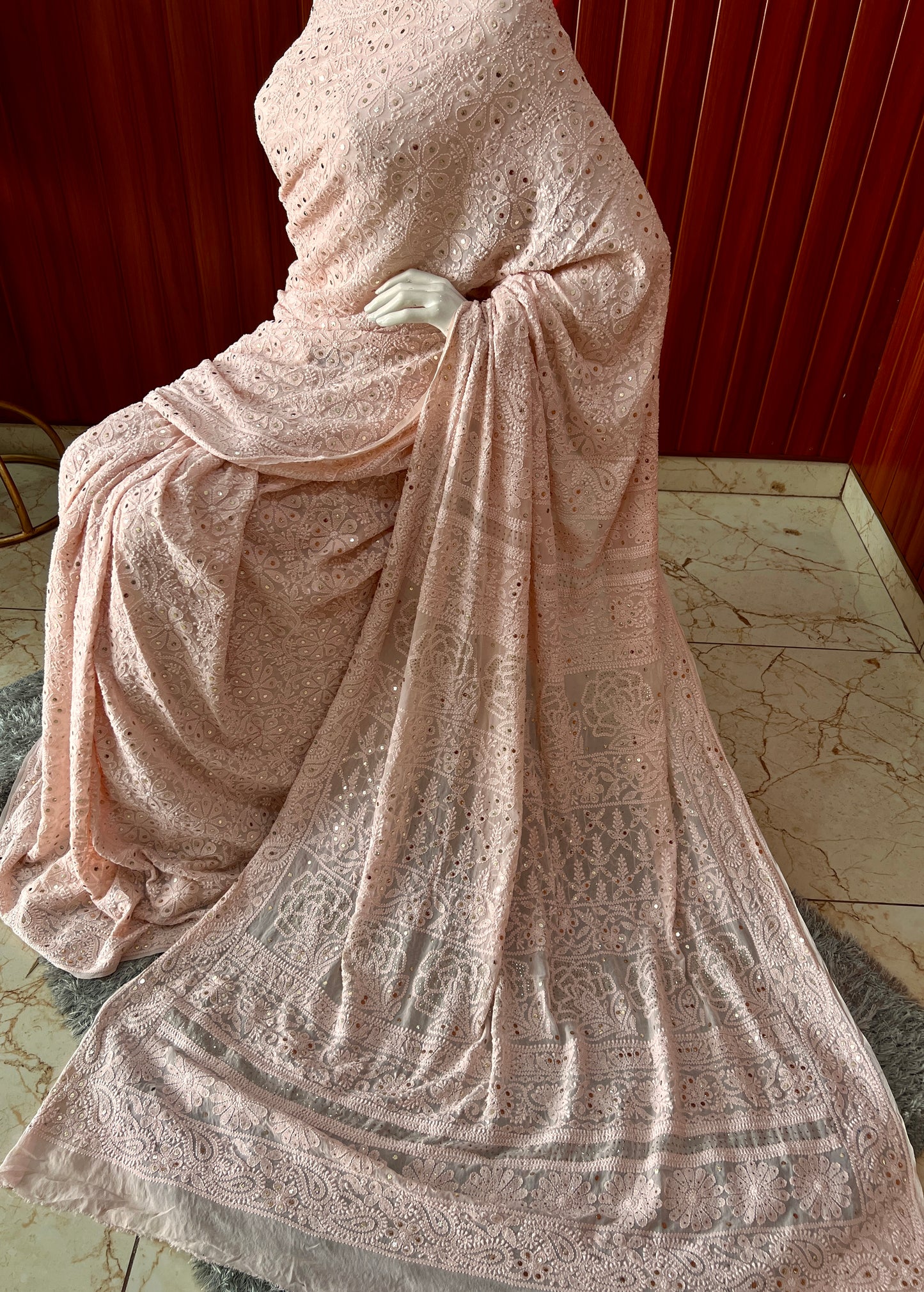 Peachy Pink Ruhani Allover Chikankari and Mukaish Saree