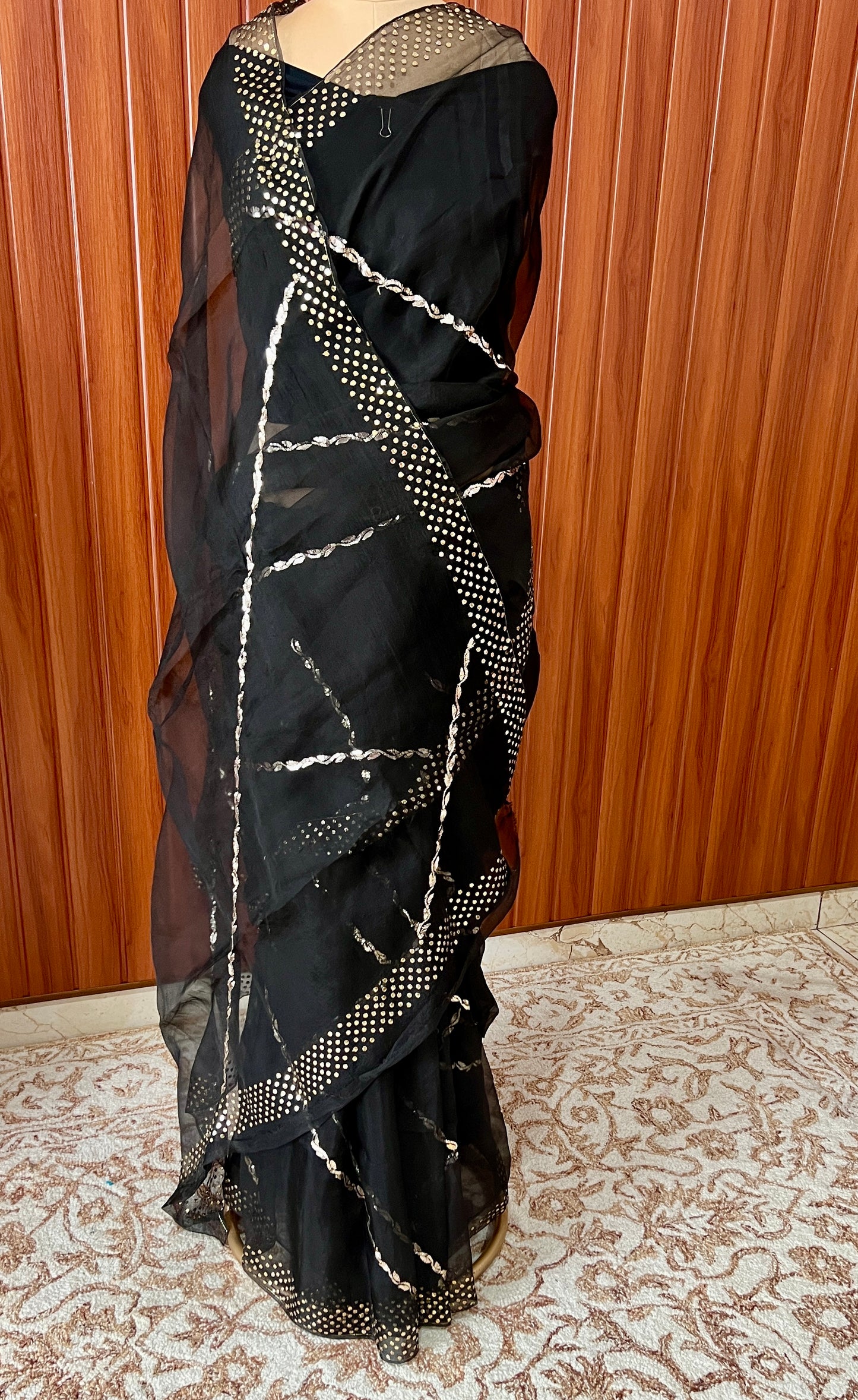 Black Pure Organza Saree with Badla and Mukaish Work