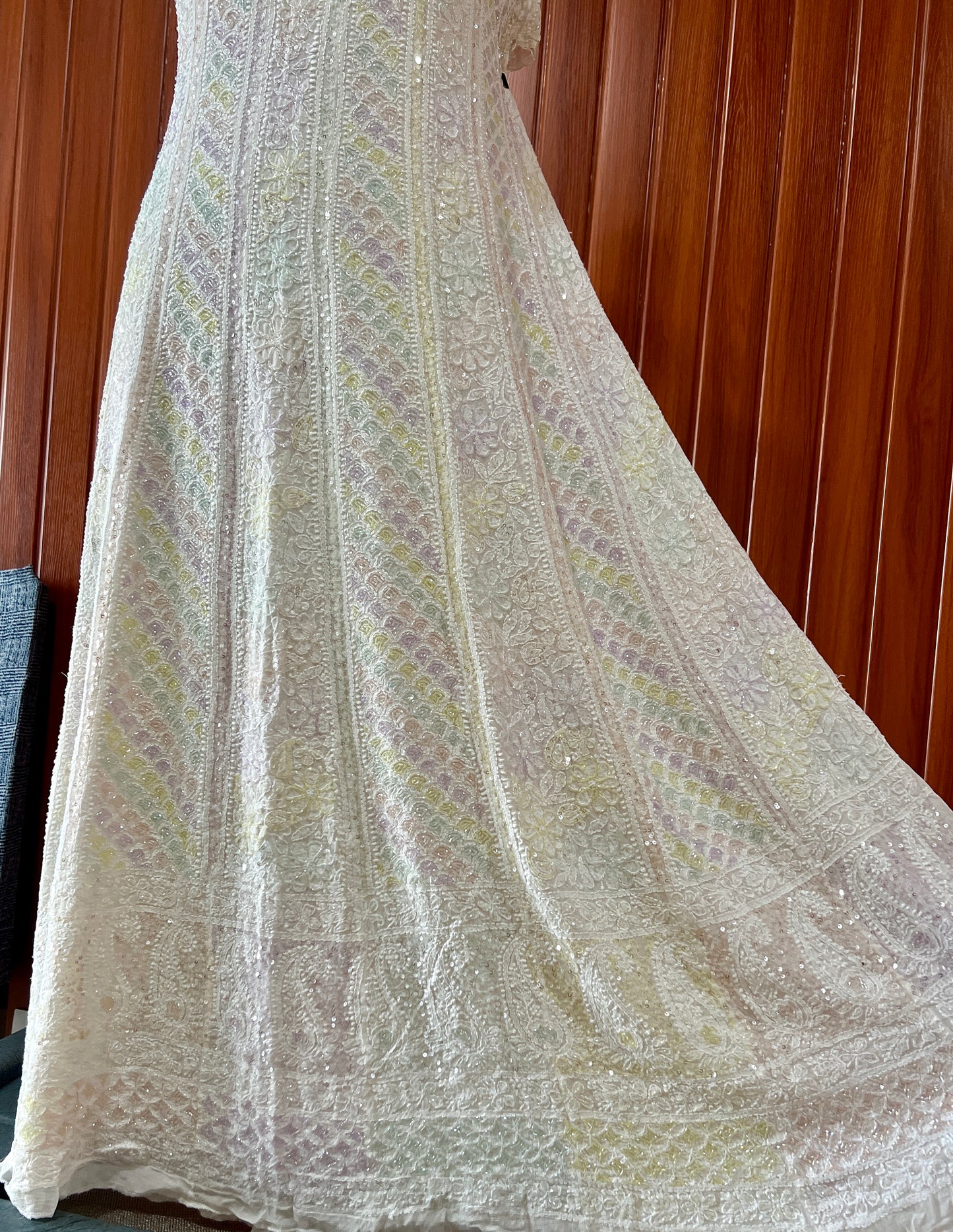 Ivory Chikankari multicolored Sequins and Cut Dana Anarkali