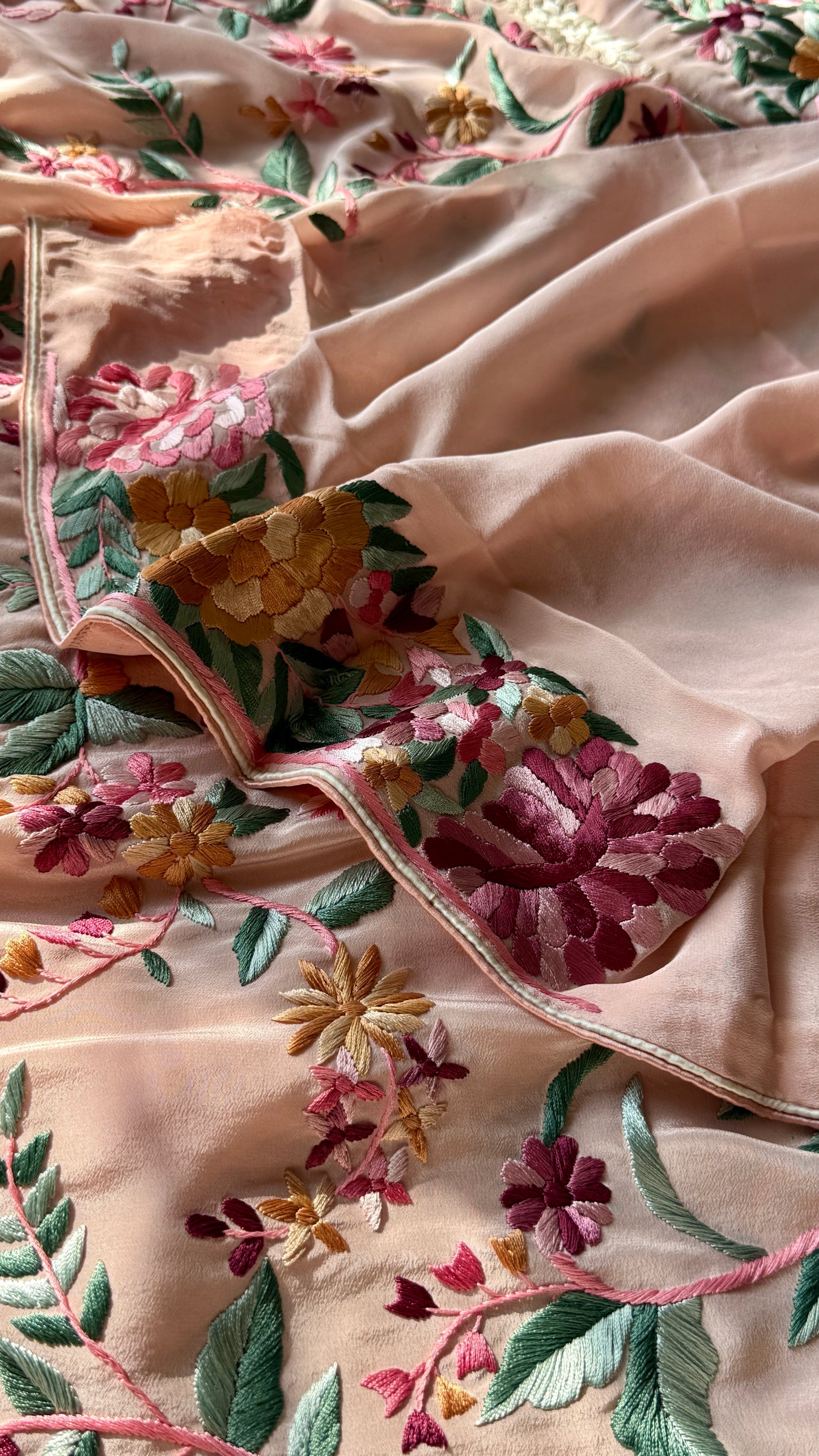 Blush Peach floral Masterpiece Parsi Gara Pure Crepe Saree