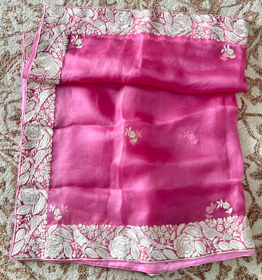 Rose Pink Organza Dupatta with Parsi Gara Hand Embroidery