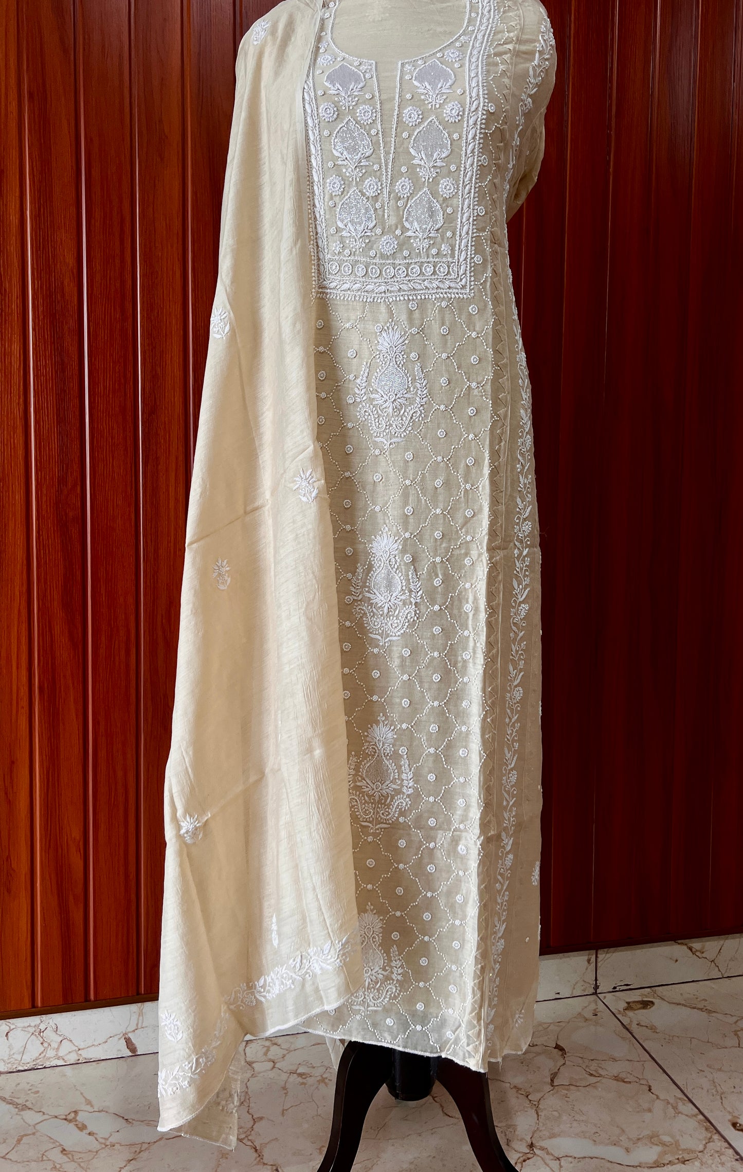 Munga silk Chikankari and pearl embroidered kurta and dupatta