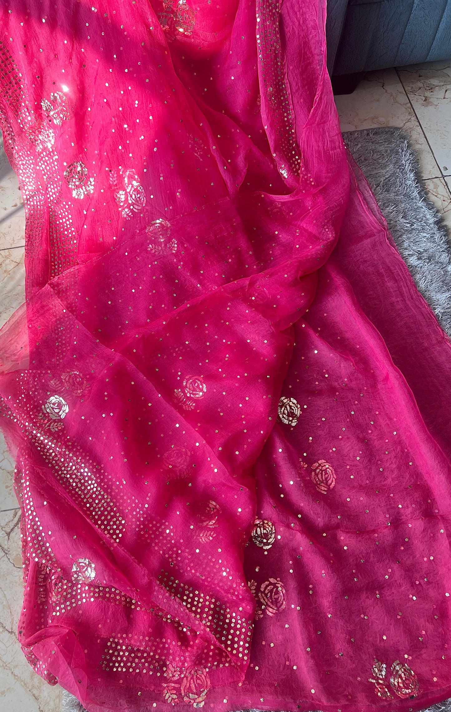 Hot Pink Pure Organza Saree with Badla and Mukaish Work