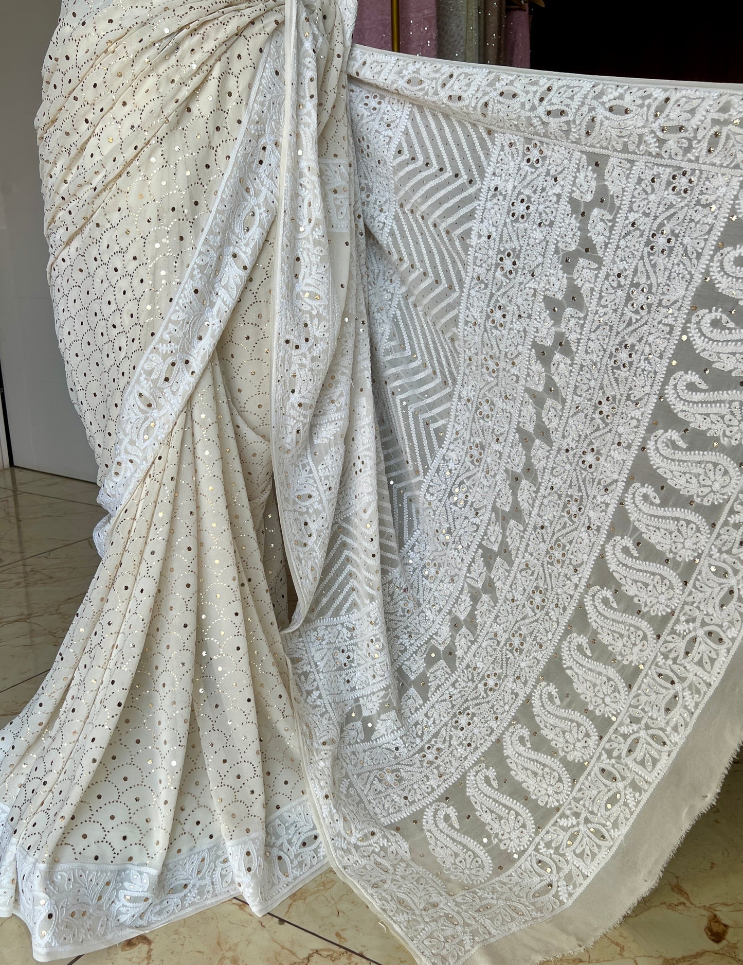 Ruhani Ivory Allover Designer Mukaish and Chikankari Saree