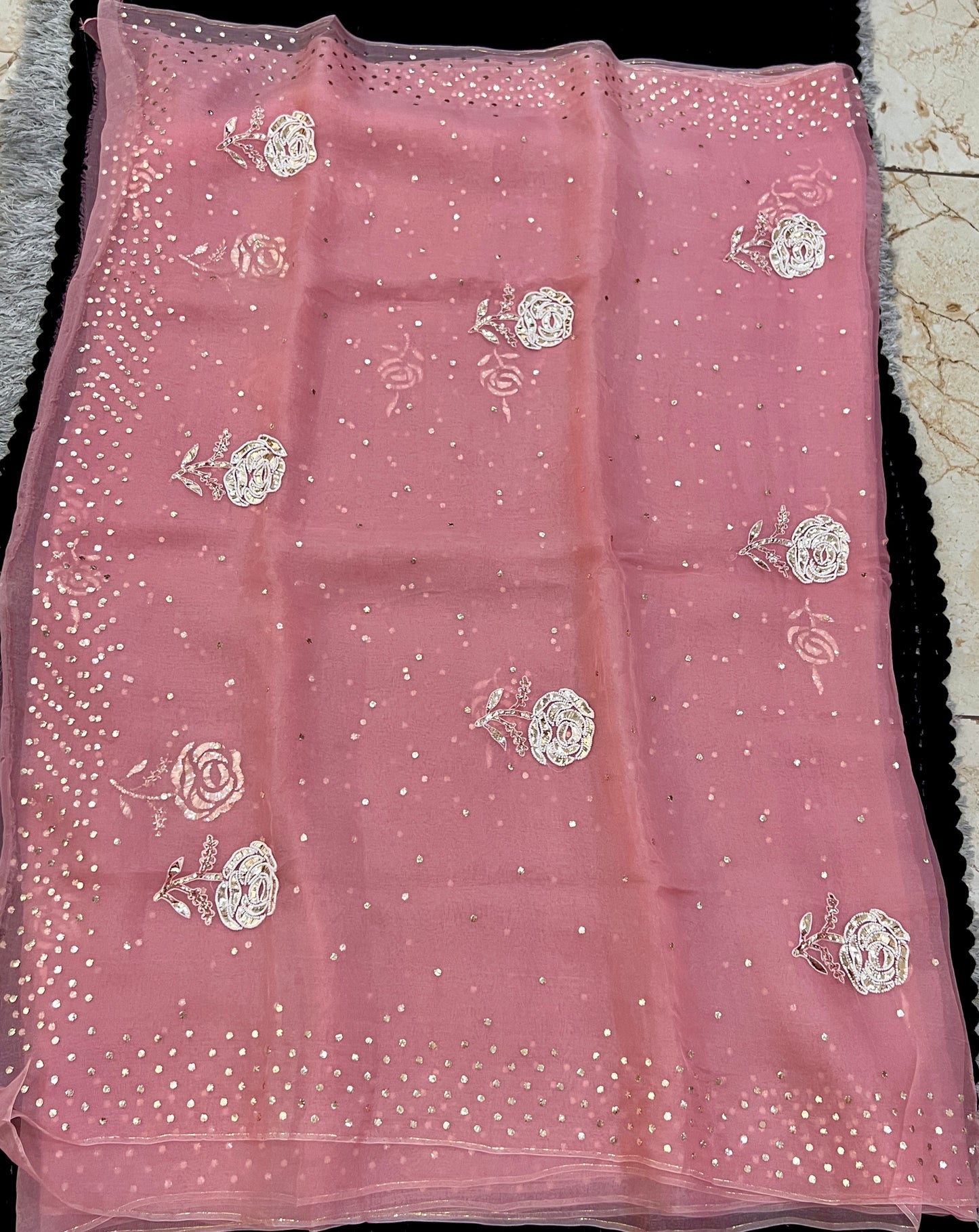 Rose Pink Pure Organza Saree with Pearl Badla and Mukaish Work