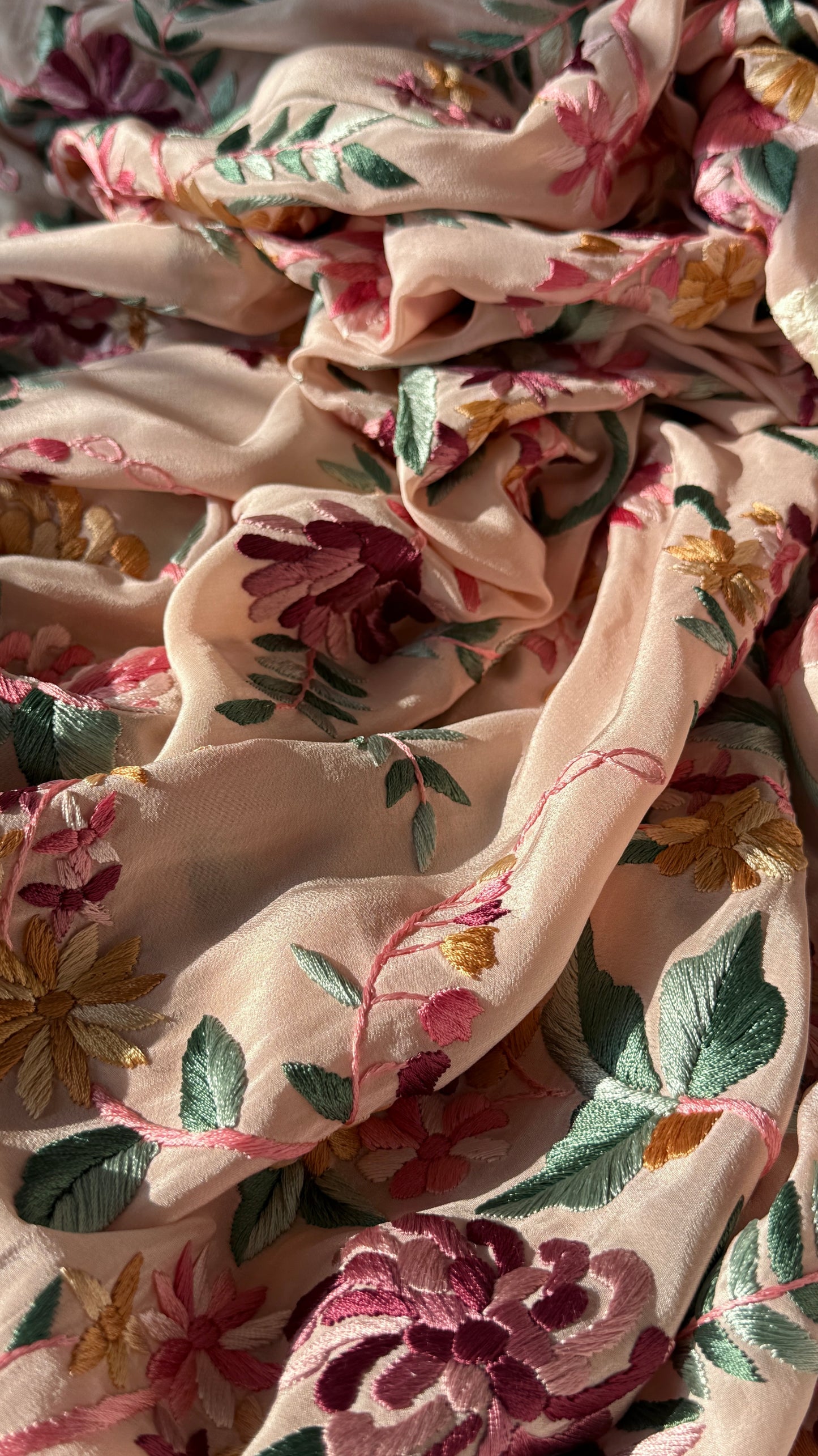 Blush Peach floral Masterpiece Parsi Gara Pure Crepe Saree