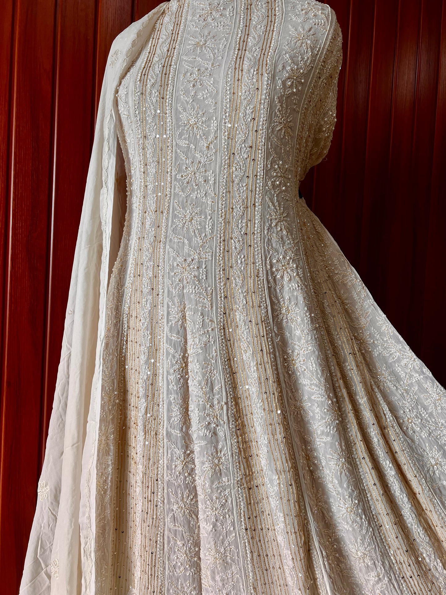 Champagne Chikankari Sequins Cut Dana Anarkali with Dupatta
