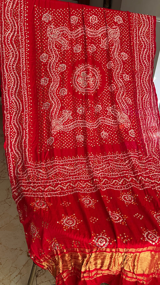 Red Gajji Silk Bandhej dupatta with mukaish work
