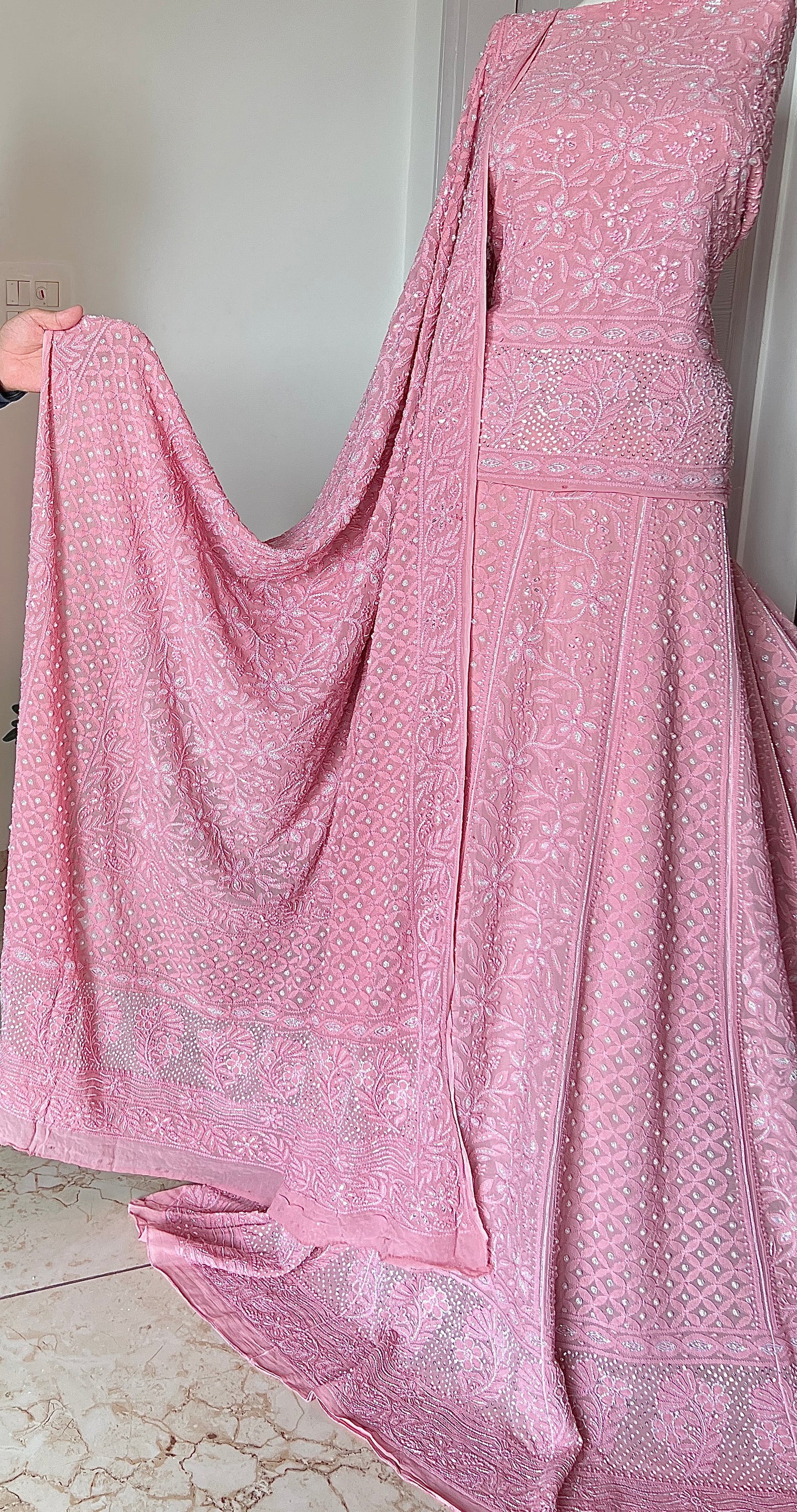 Onion pink Chikankari Cut Dana Pearl Sequins Lehenga