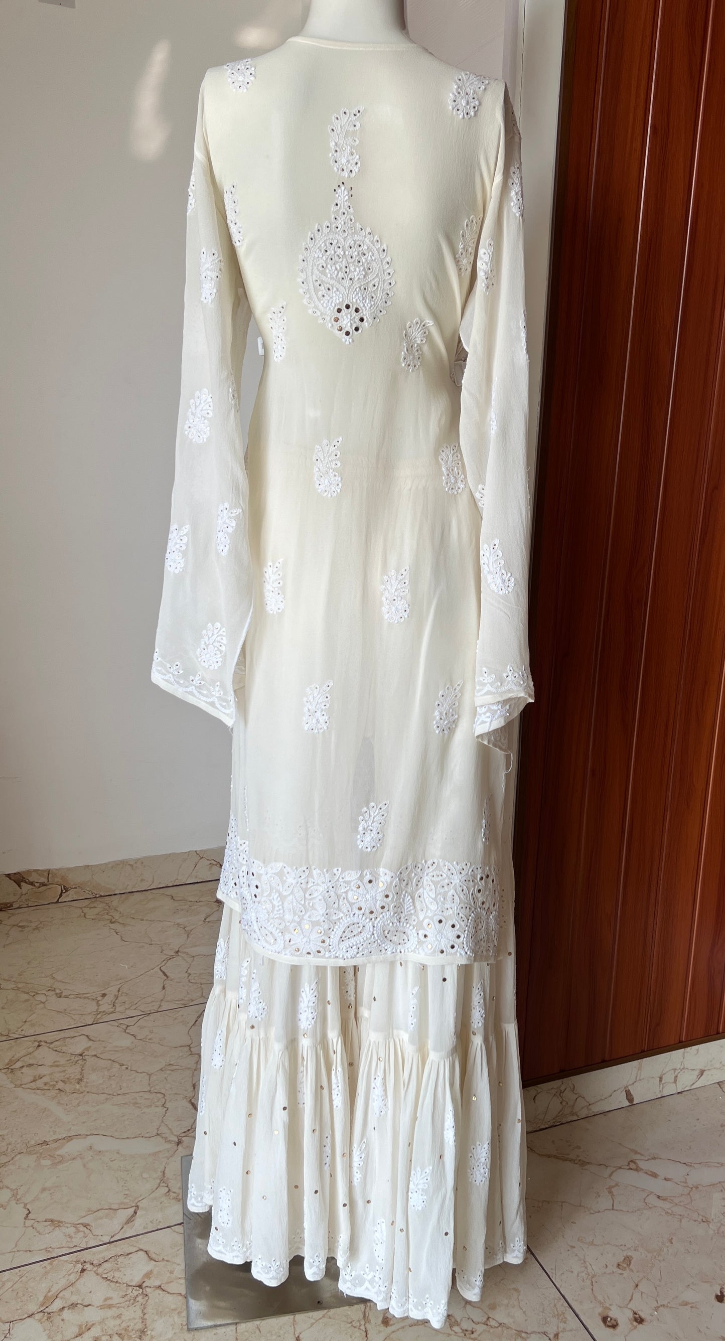 Ivory pure georgette Chikankari and Mukaish sharara set