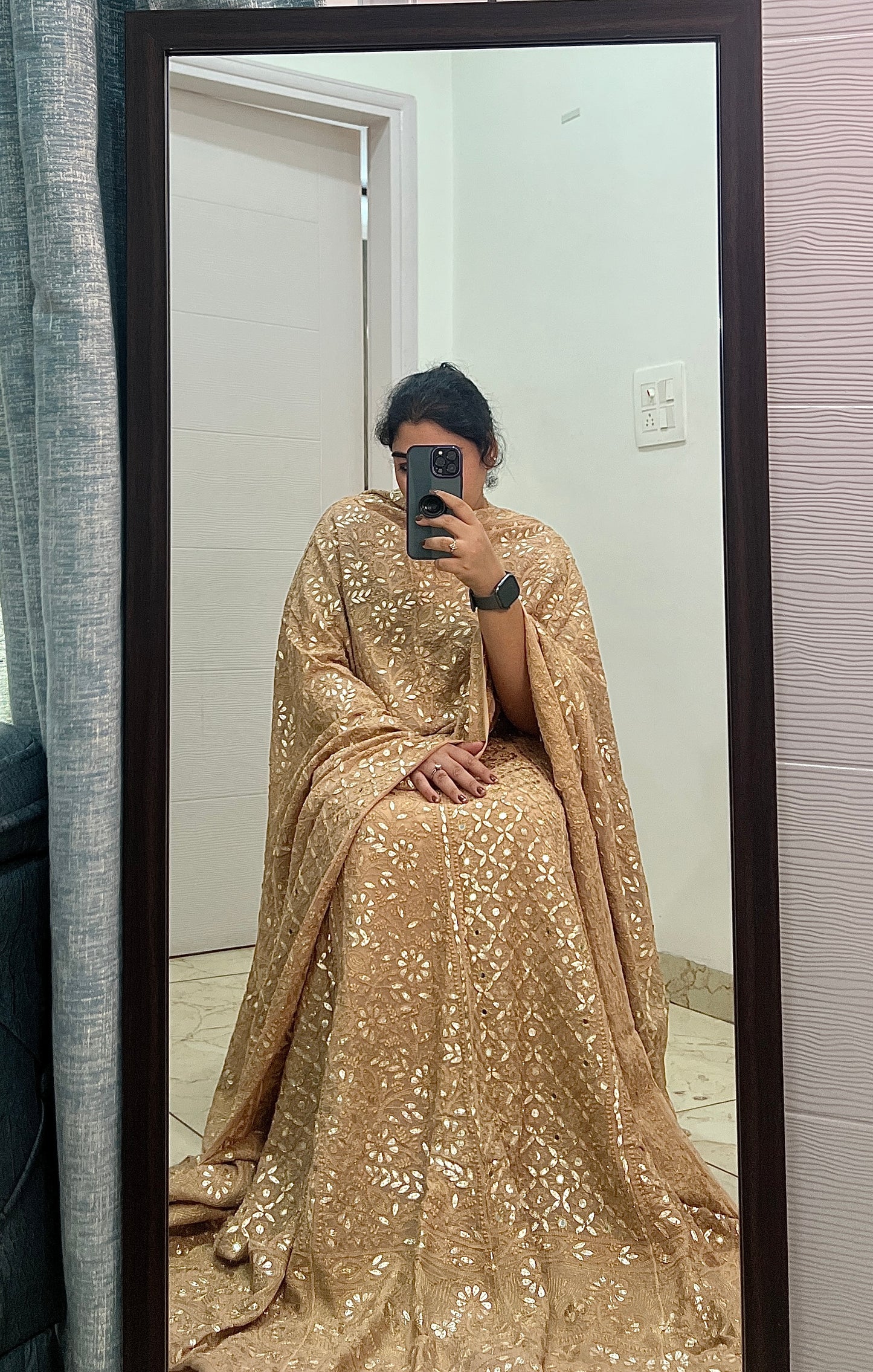 Cinnamon Chikankari Gota Patti and Mirror Lehenga