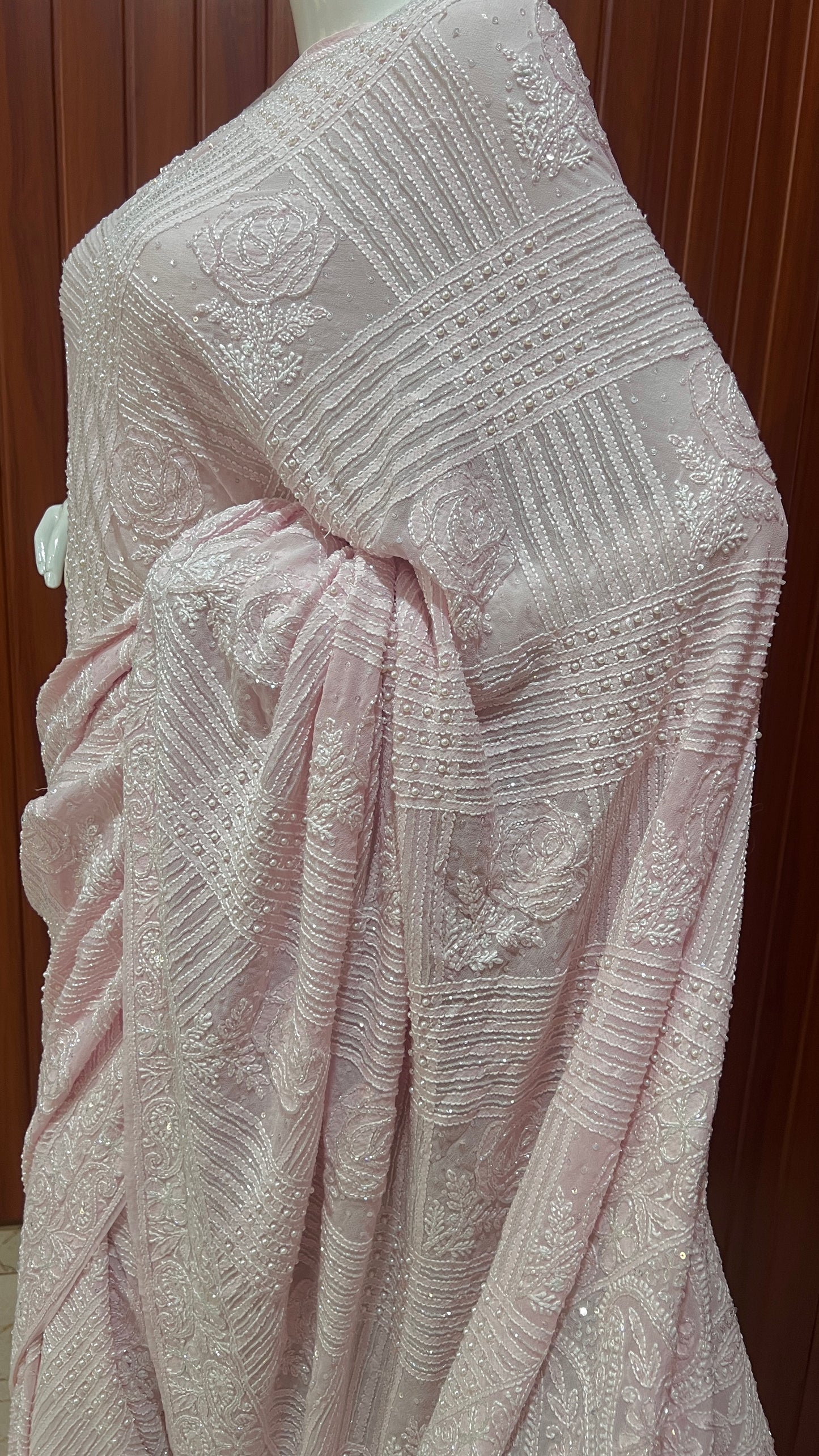 Ruhani Light Pink Chikankari Cut Dana Pearl and Sequins Masterpiece Saree