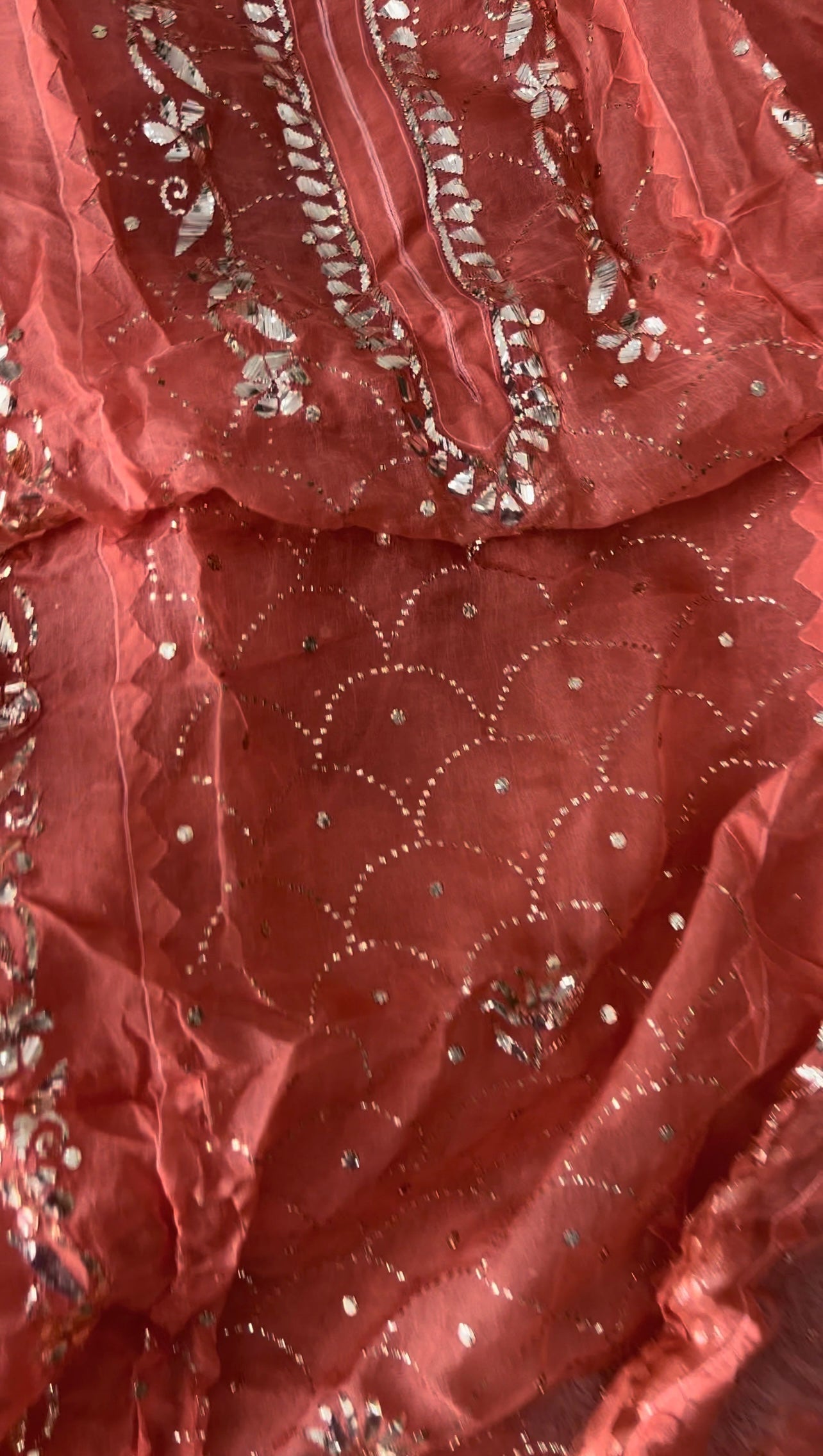 Coral Orange Badla Mukaish work Pure Organza kurta with dupatta