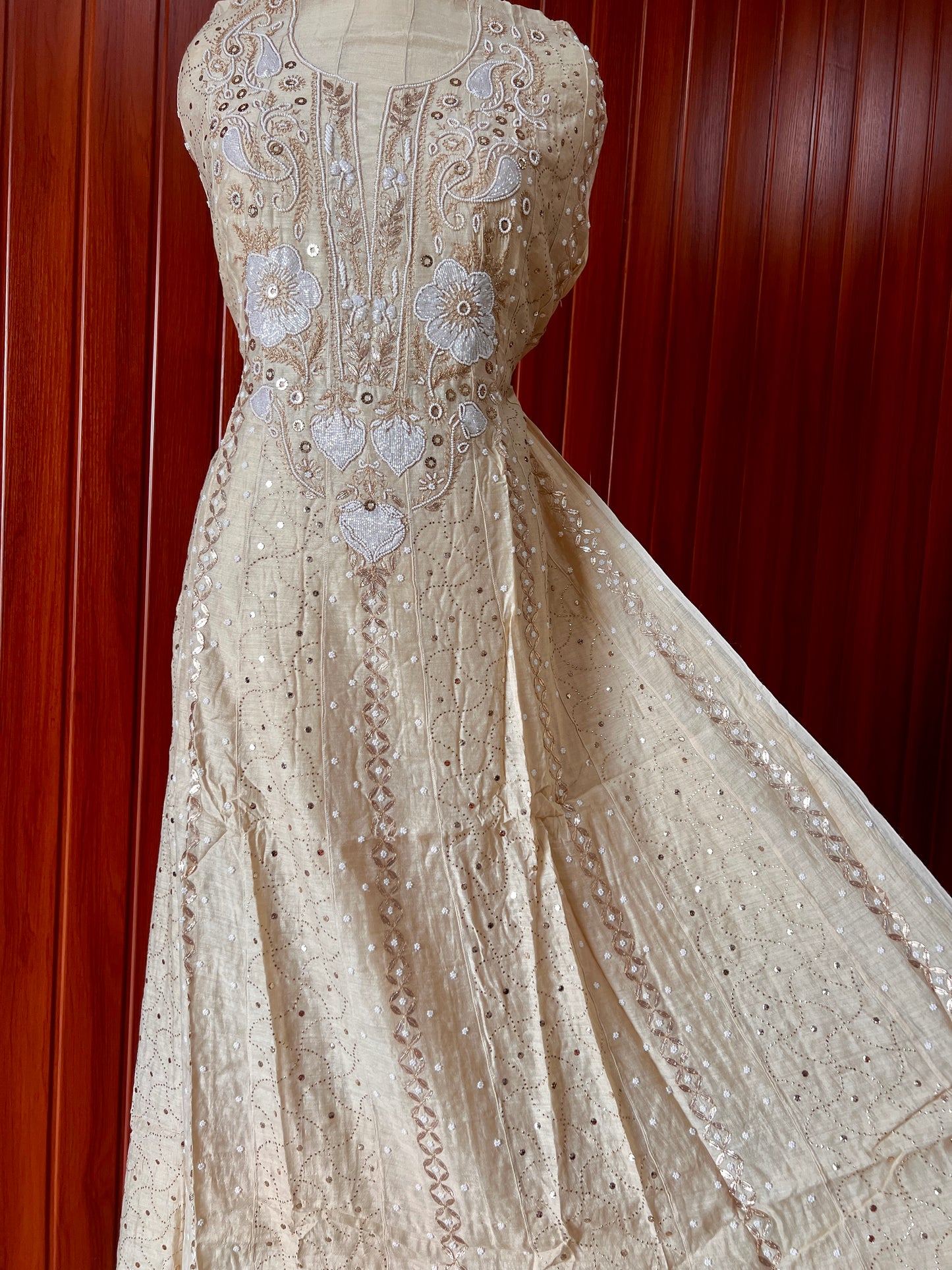 Pure Moonga Silk Anarkali with pearl and Mukaish work