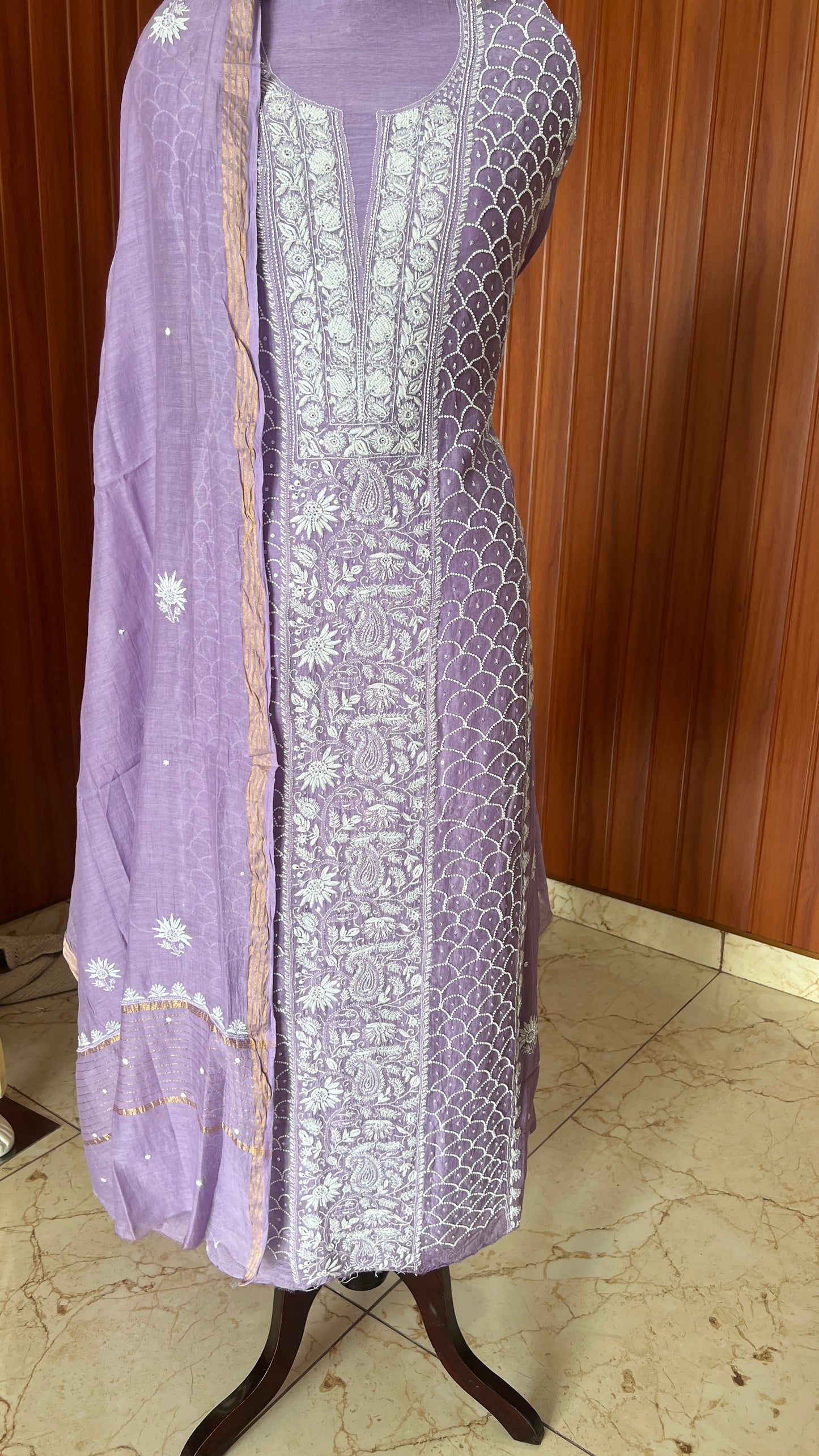 Purple Mulmul fine Chikankari & pearl work kurta & dupatta set