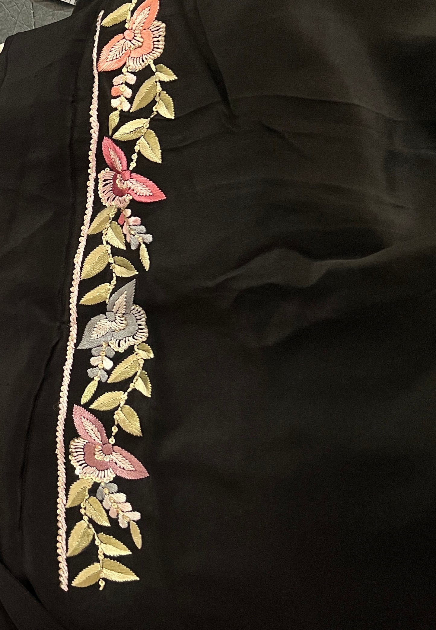 Black hand embroidered parsi gara pure crepe full suit