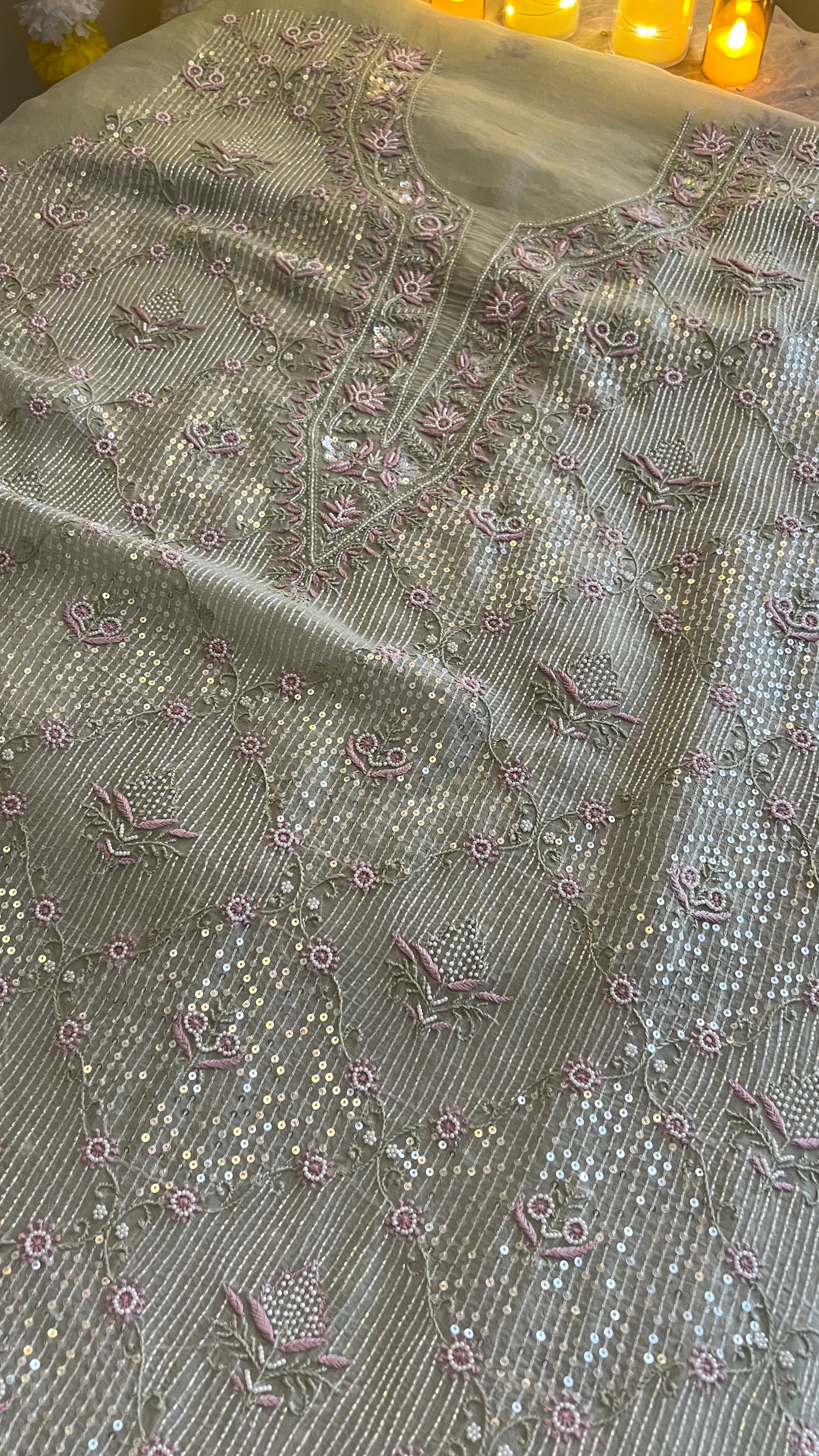 Ruhani Mint Green Chikankari & heavy Sequins pure Organza kurta with dupatta