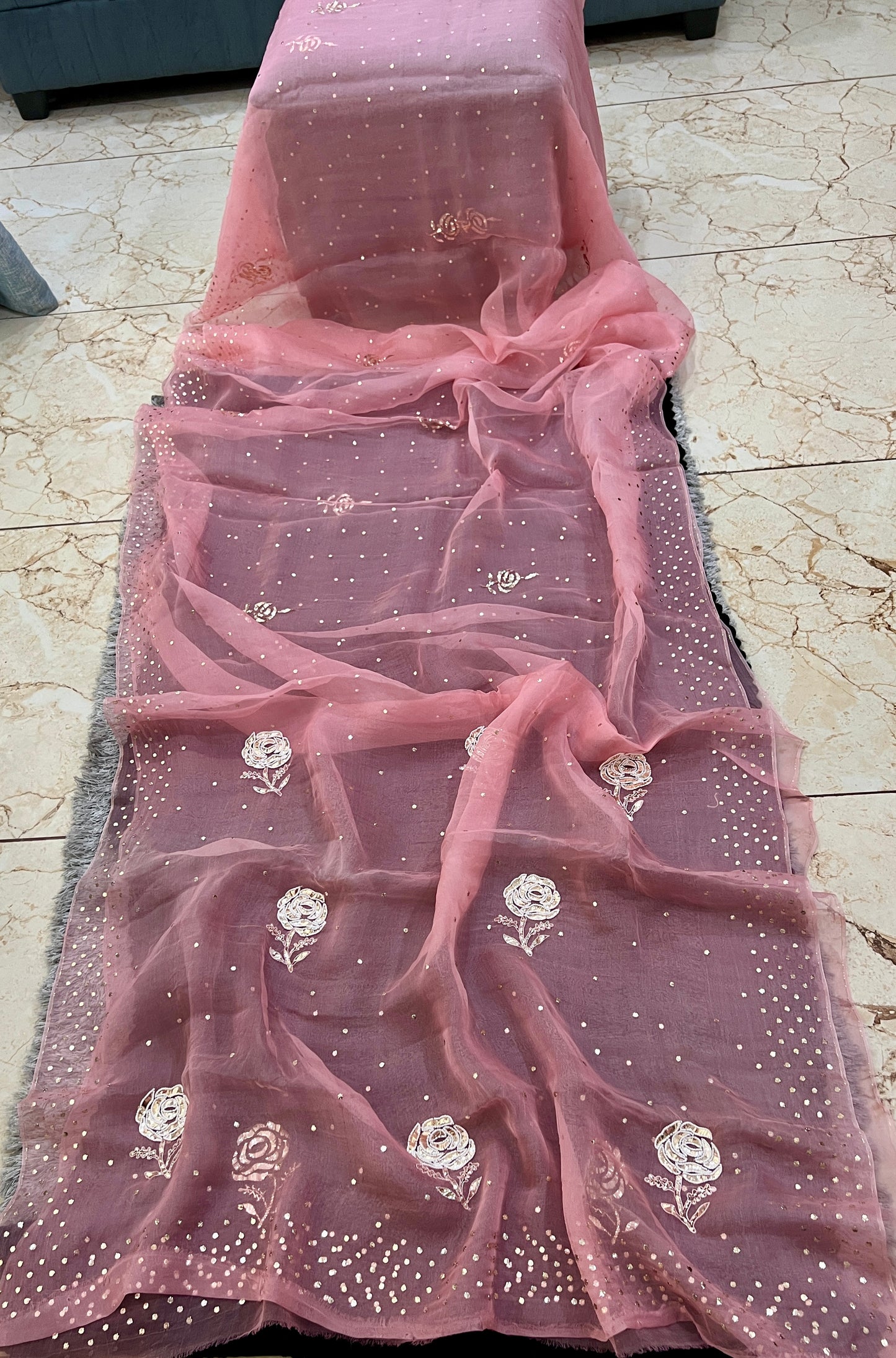 Rose Pink Pure Organza Saree with Pearl Badla and Mukaish Work