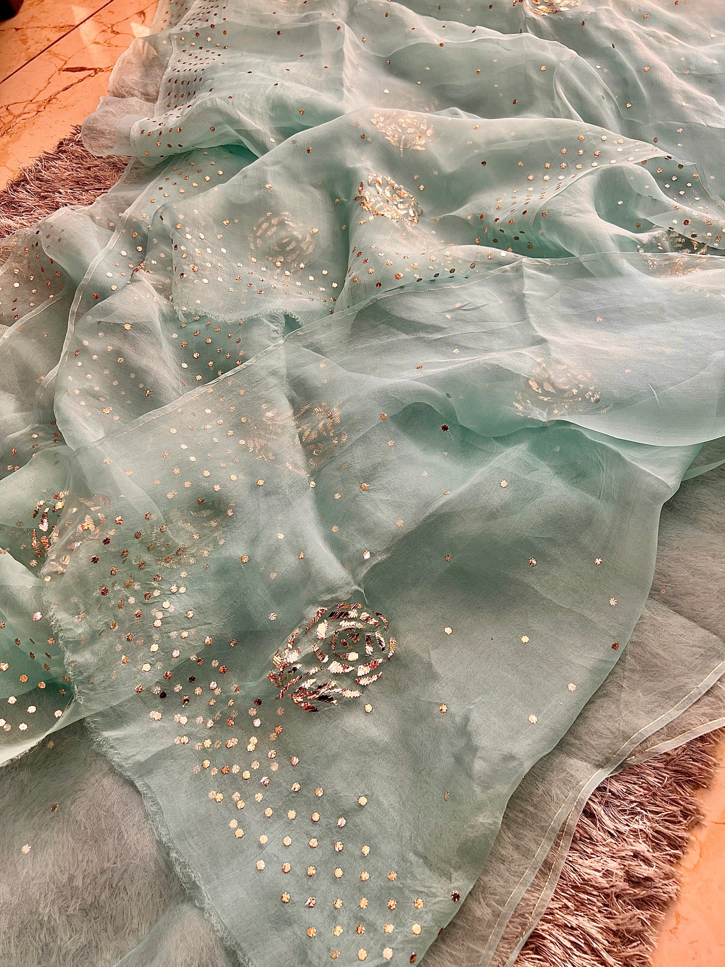 Sage Green Pure Organza Saree with Badla and Mukaish Work