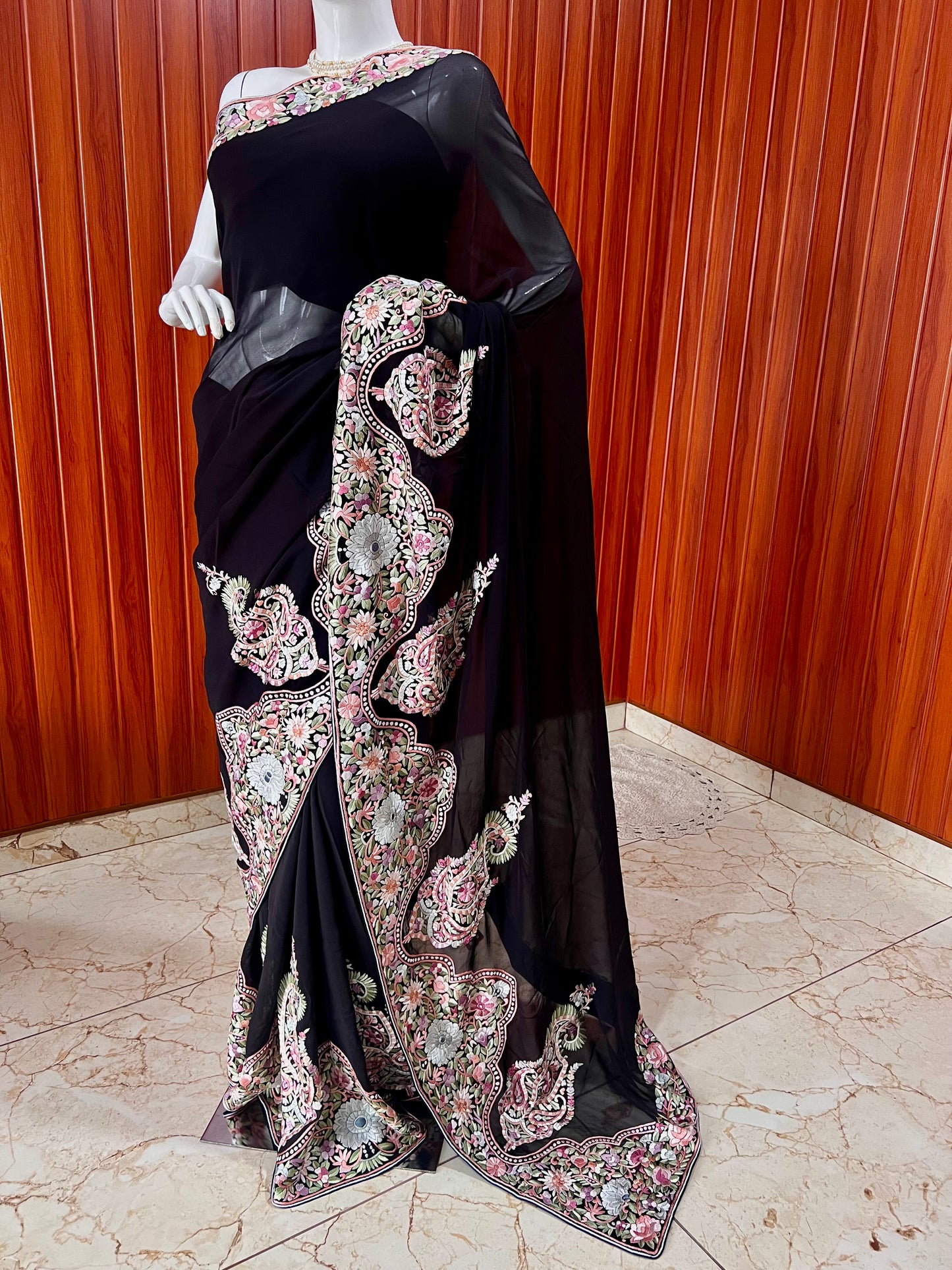 Black Masterpiece Parsi Gara Pure Georgette Saree