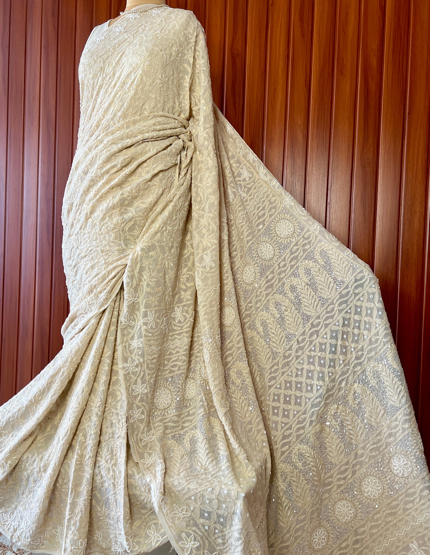 Beige Chikankari Pearl Cut Dana and Sequins Saree