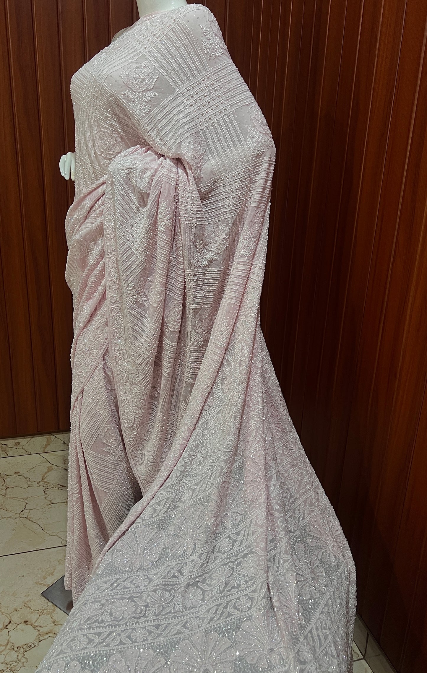 Ruhani Light Pink Chikankari Cut Dana Pearl and Sequins Masterpiece Saree
