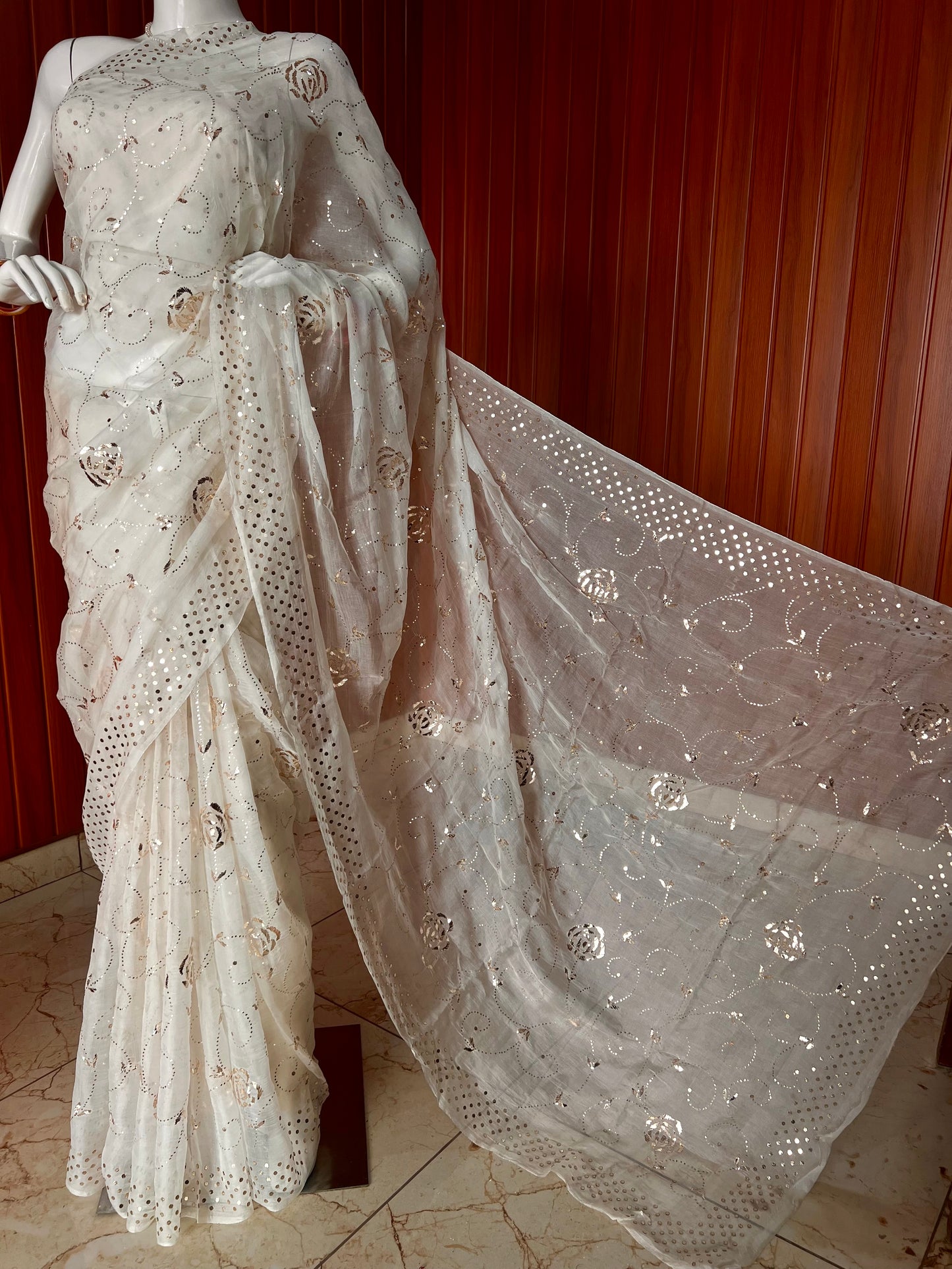 Ruhani Ivory Pure Organza Saree with Allover Badla and Mukaish Work