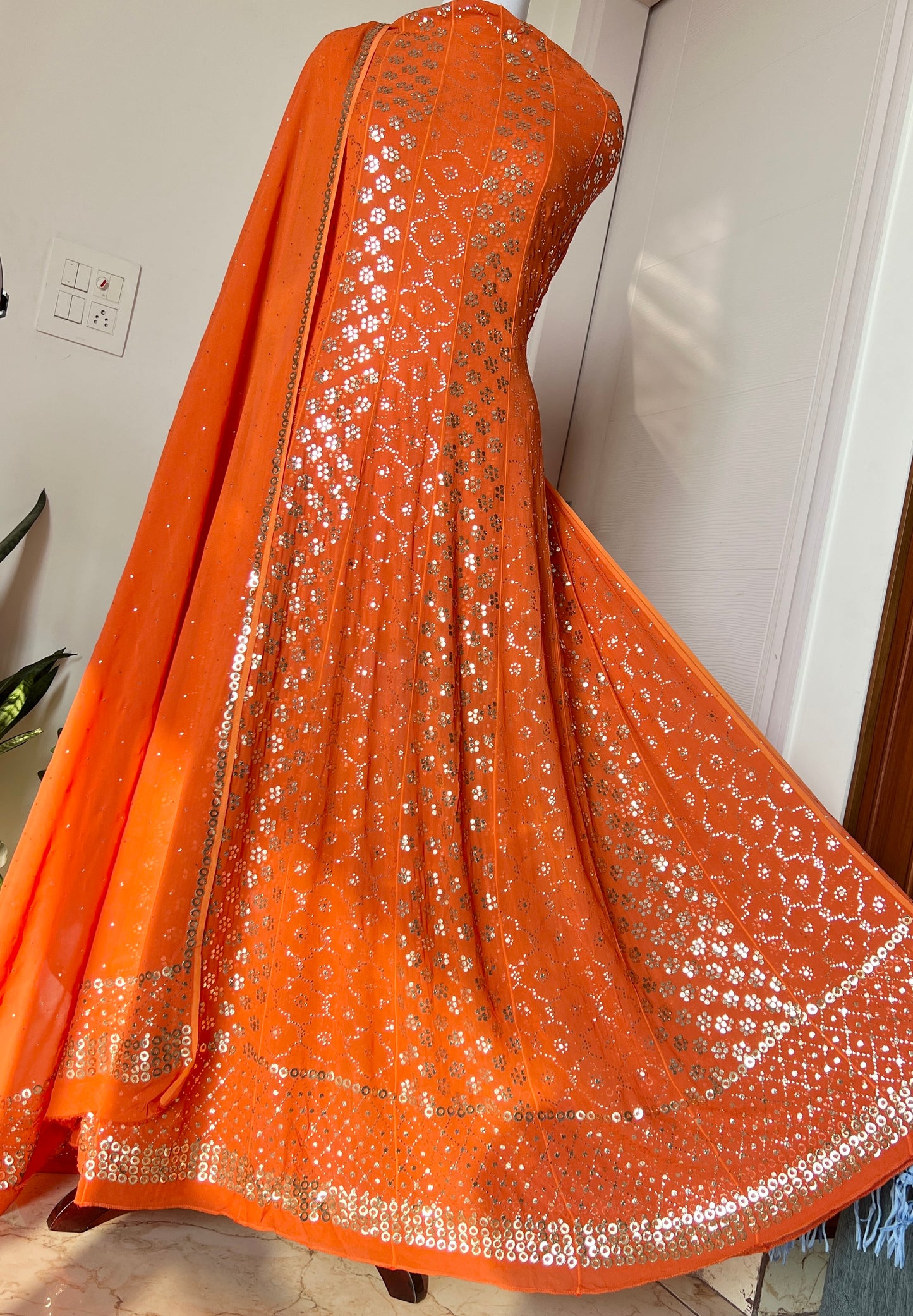 Orange heavy designer Mukaish Georgette Anarkali with Dupatta