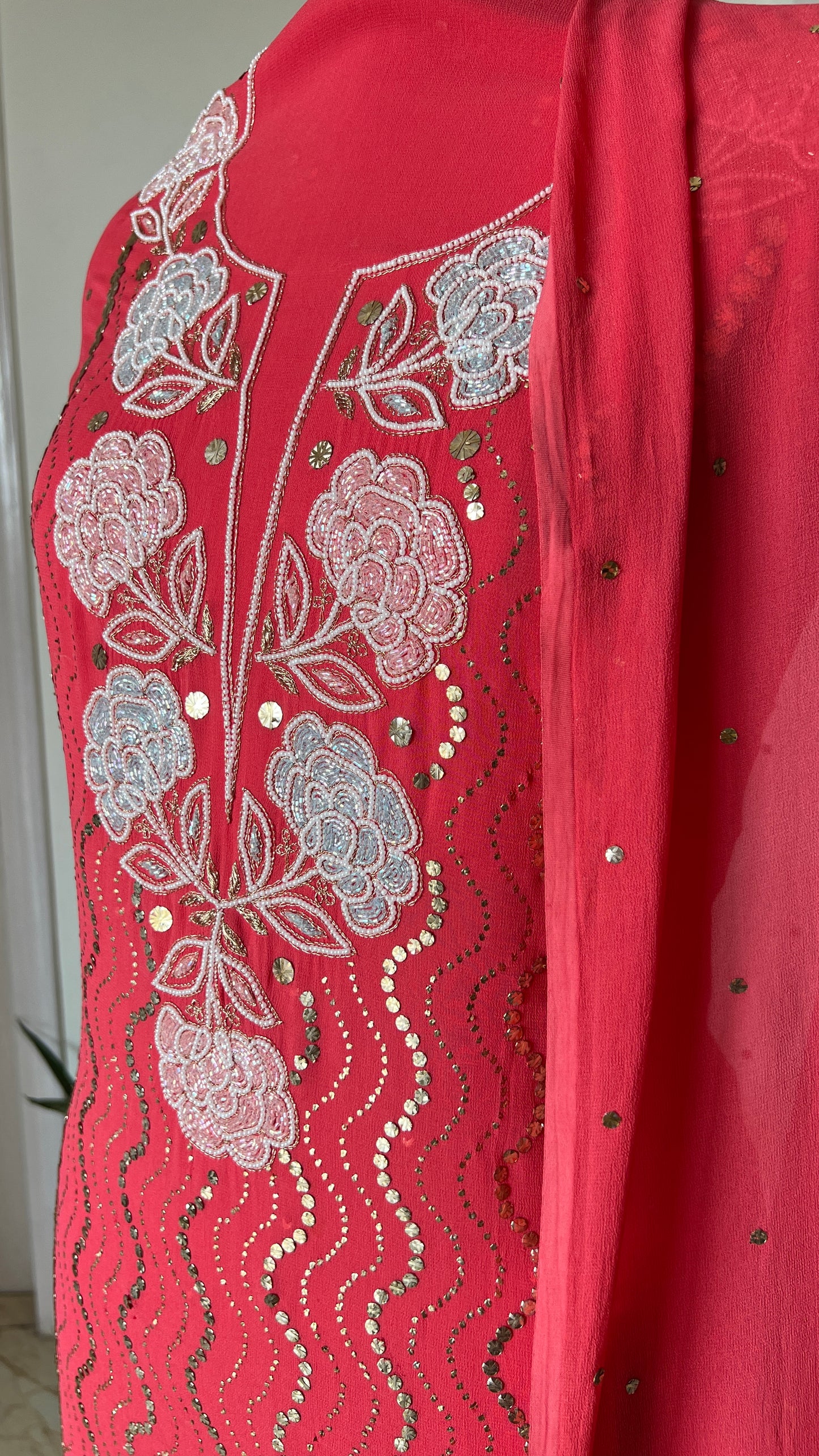 Raspberry red mukaish and cut Dana work Kurta and Dupatta