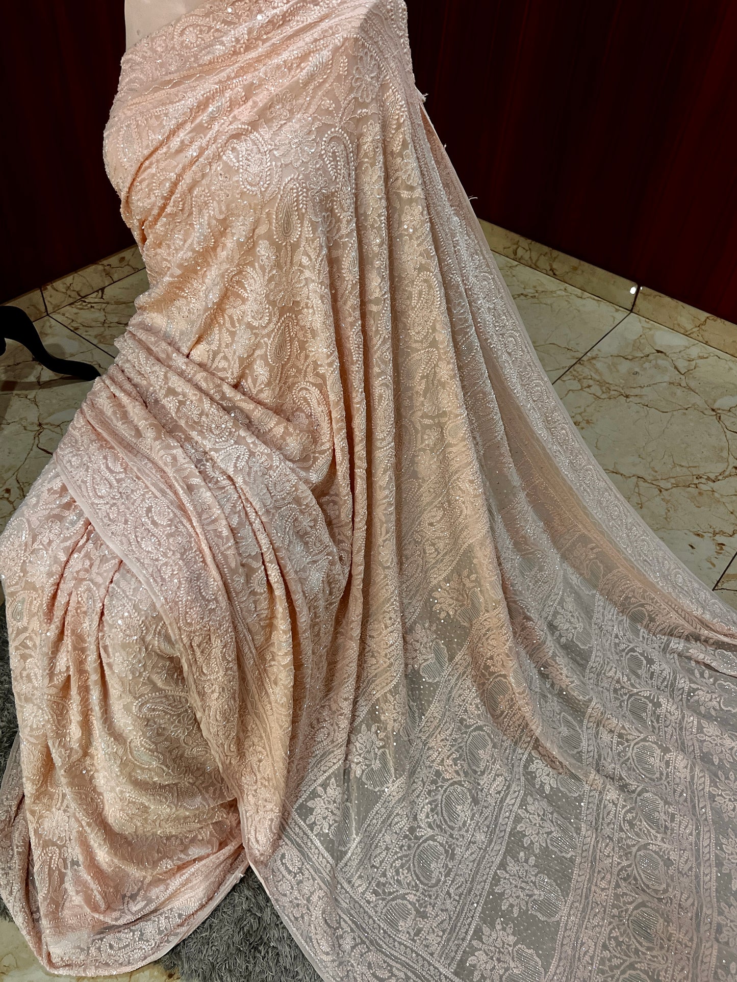 Ruhani Soft Peach Chikankari and Cut Dana Saree