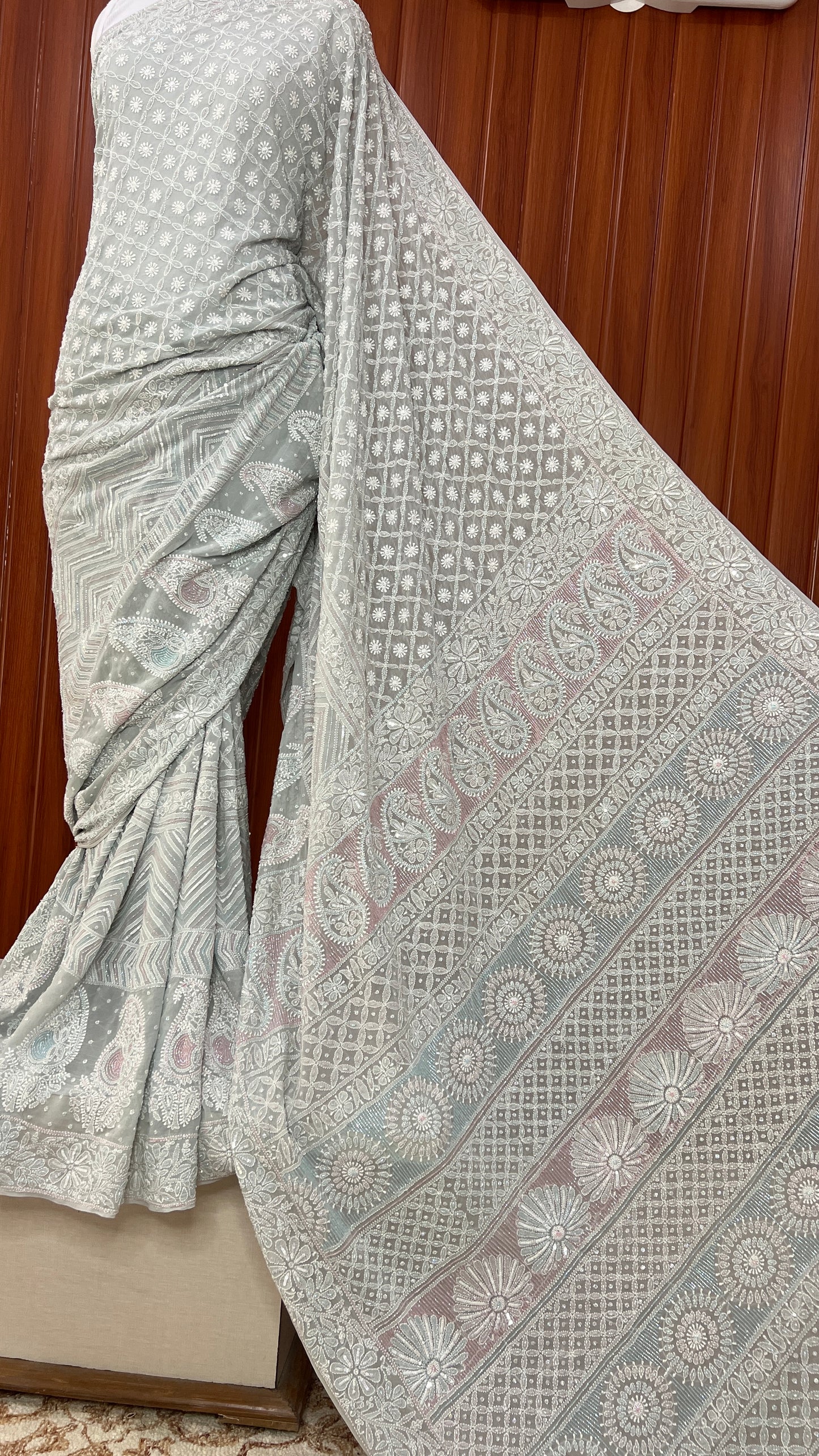 Ruhani Sage Blue Chikankari Cut Dana and Sequins Saree