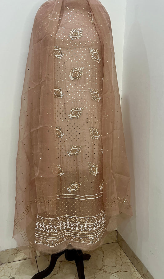 Powder brown Badla Mukaish and pearl work pure Organza kurta with dupatta