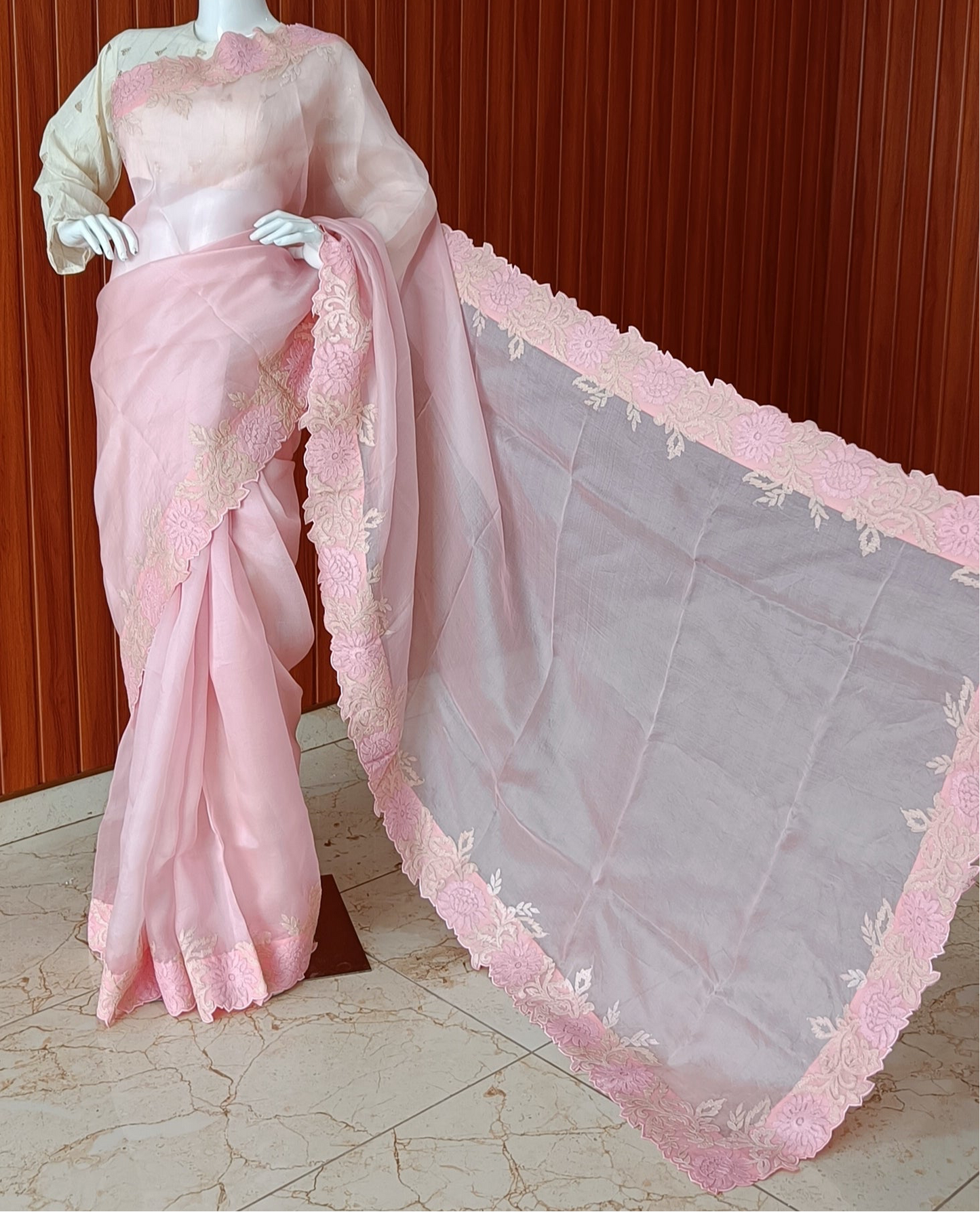 Pink Pure Organza Shadow and Cut Work Saree
