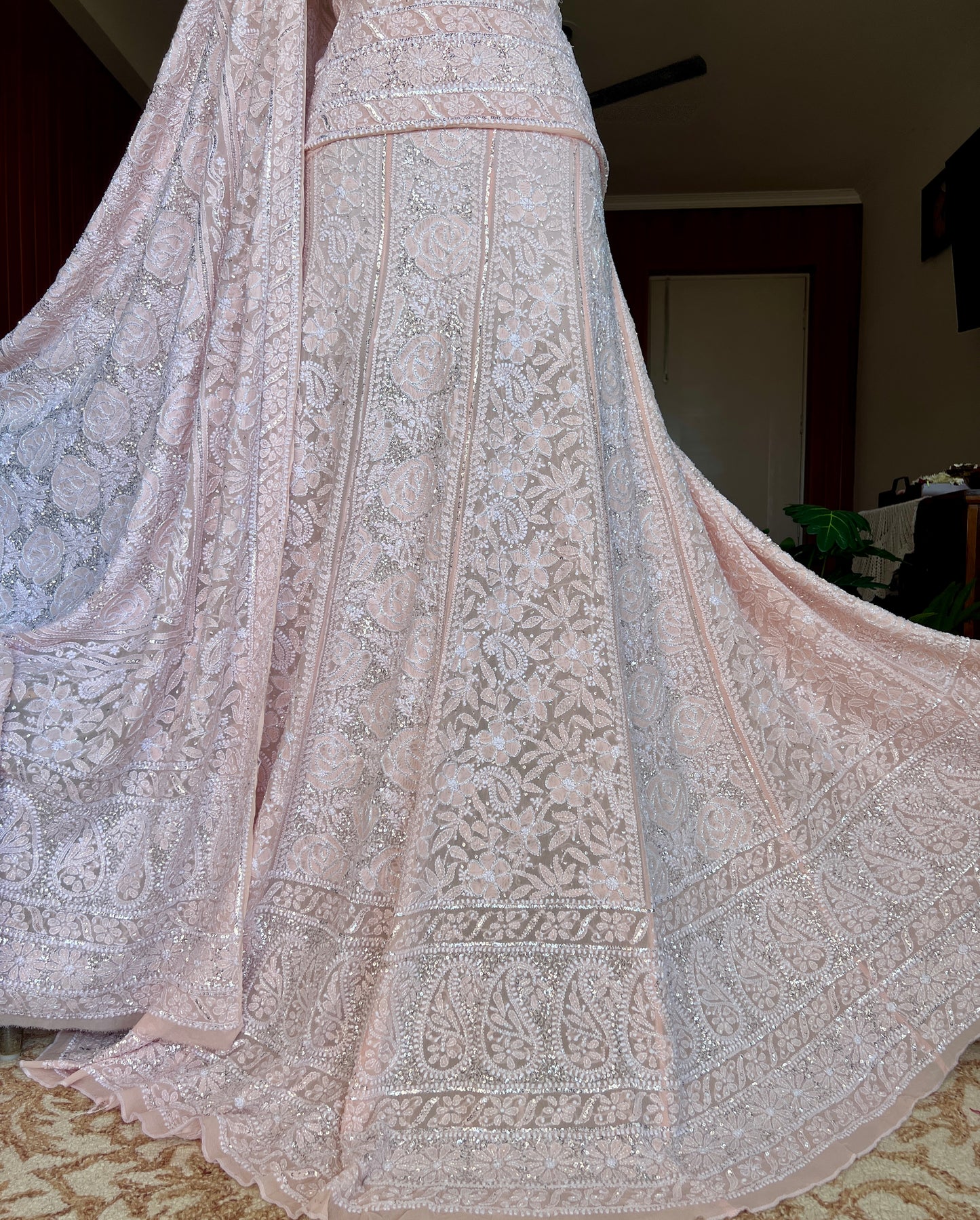 Masterpiece Ruhani Powder Peach Chikankari Sequins Cut Dana Wedding Lehenga