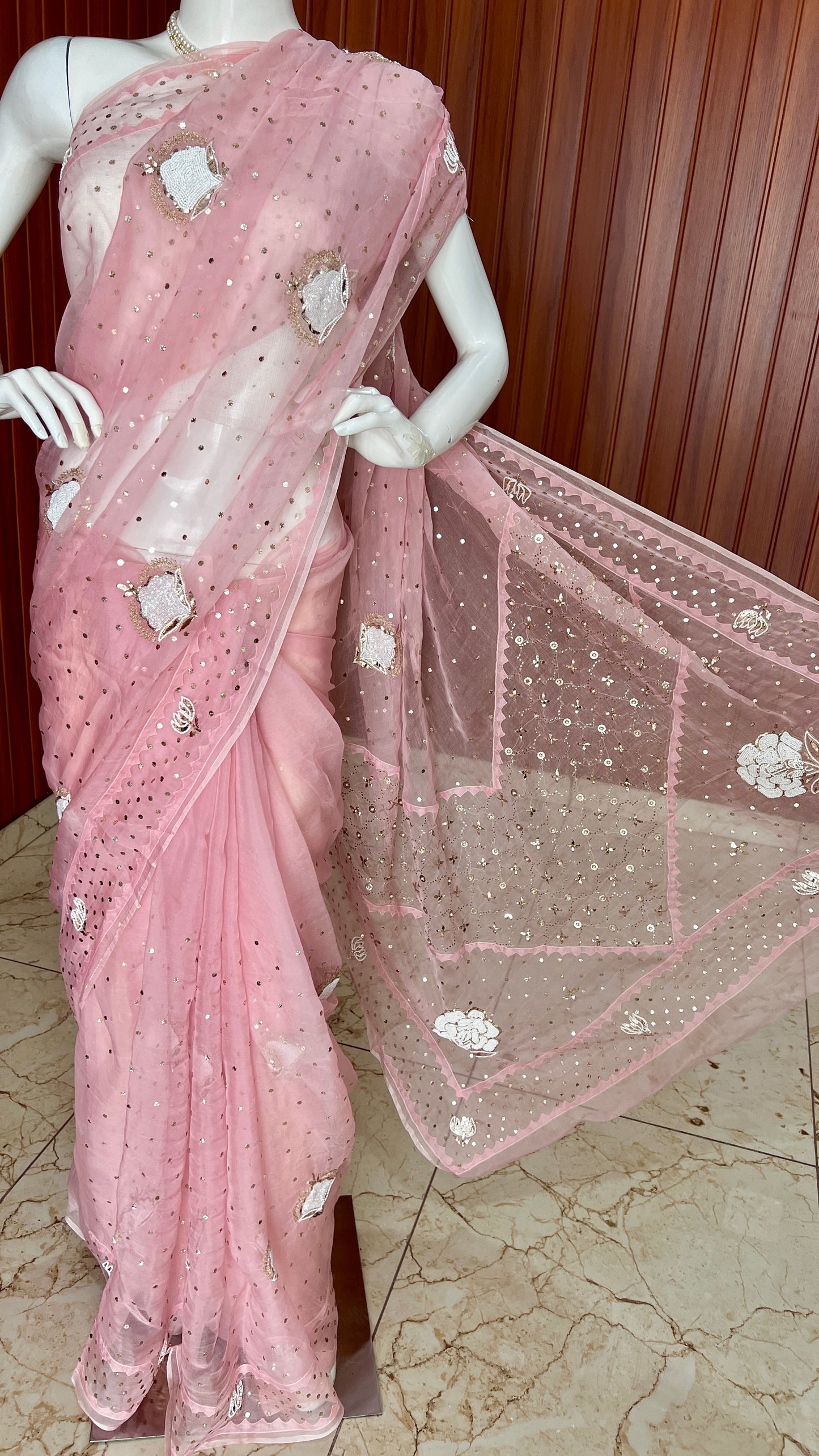 Ruhani pink Pure Organza Saree with pearl and Mukaish Work