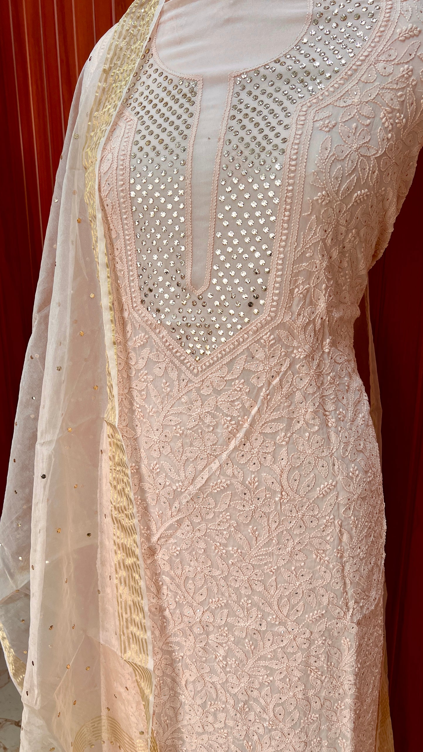 Nude Chikankari and mukaish kurta with organza dupatta