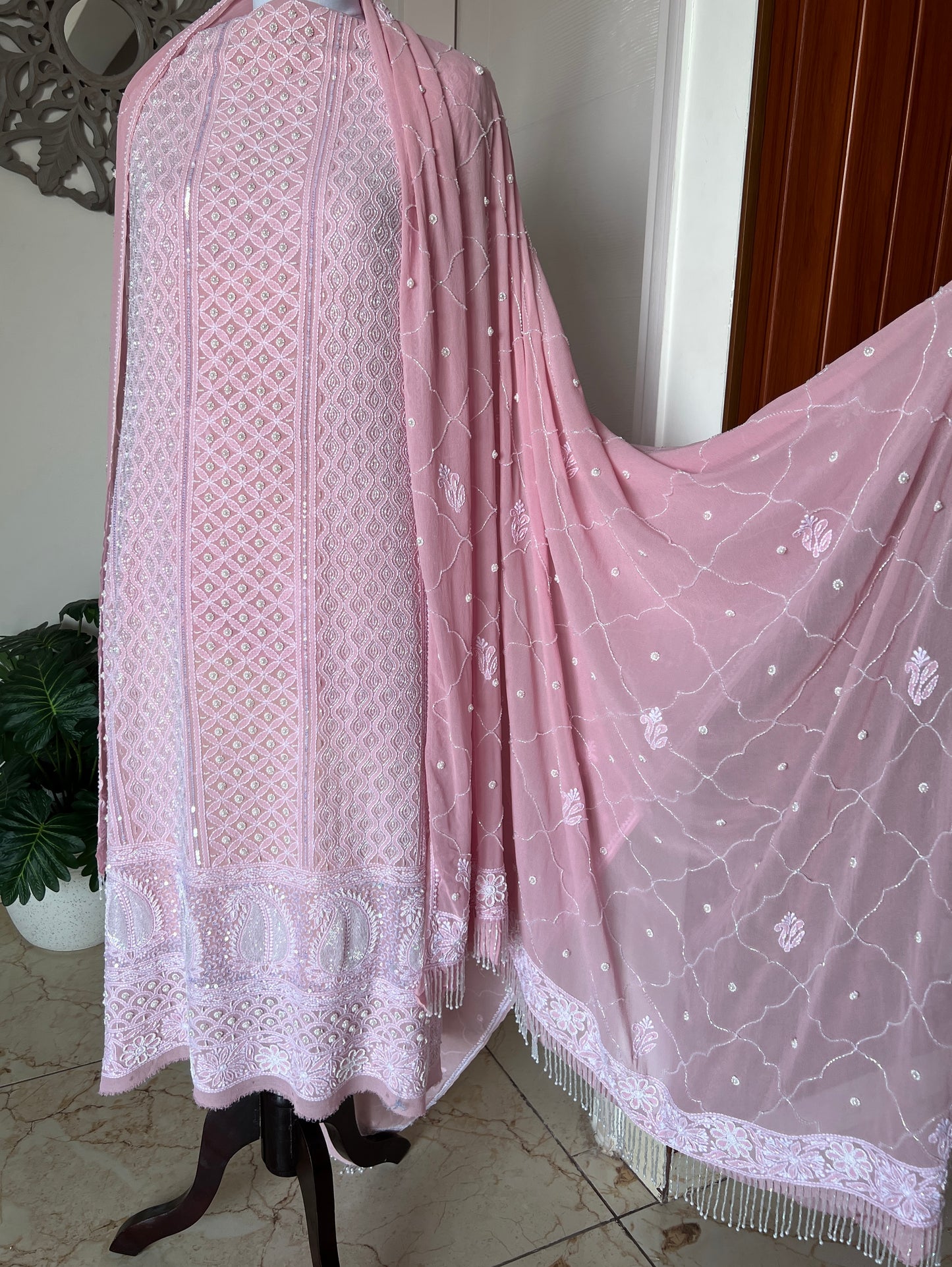 Rose Pink Chikankari cut dana pearl and sequins work kurta and dupatta