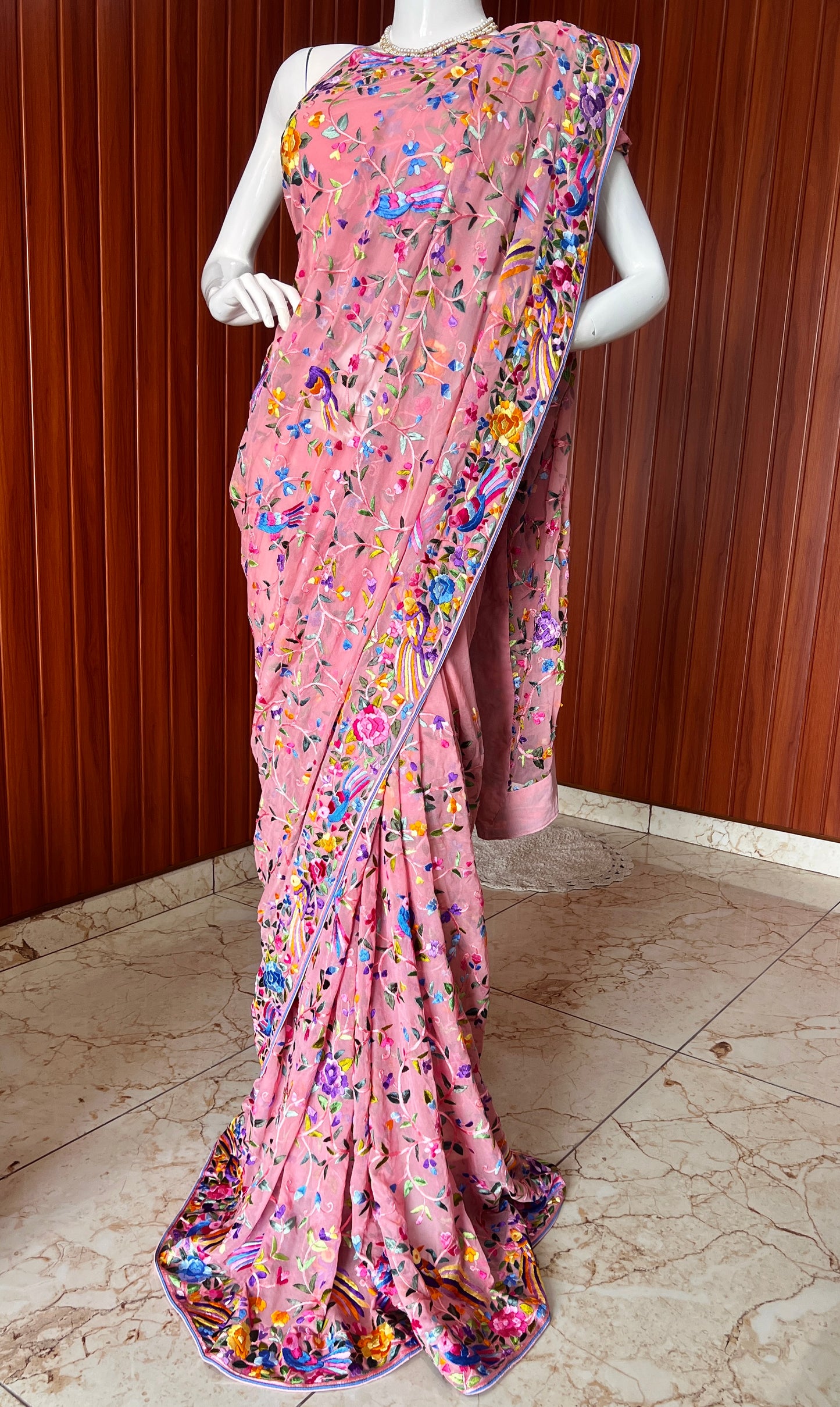 Blush Pink Masterpiece Parsi Gara Pure Georgette Saree