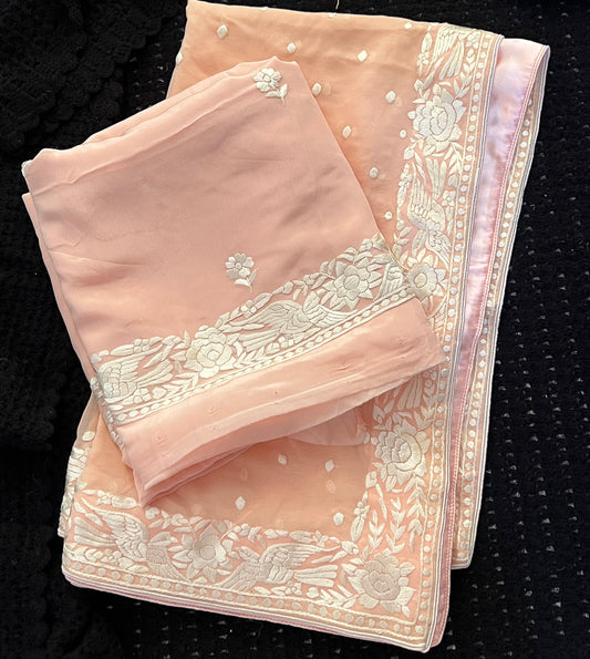 Blush peach Parsi Gara Hand Embroidered Full suit