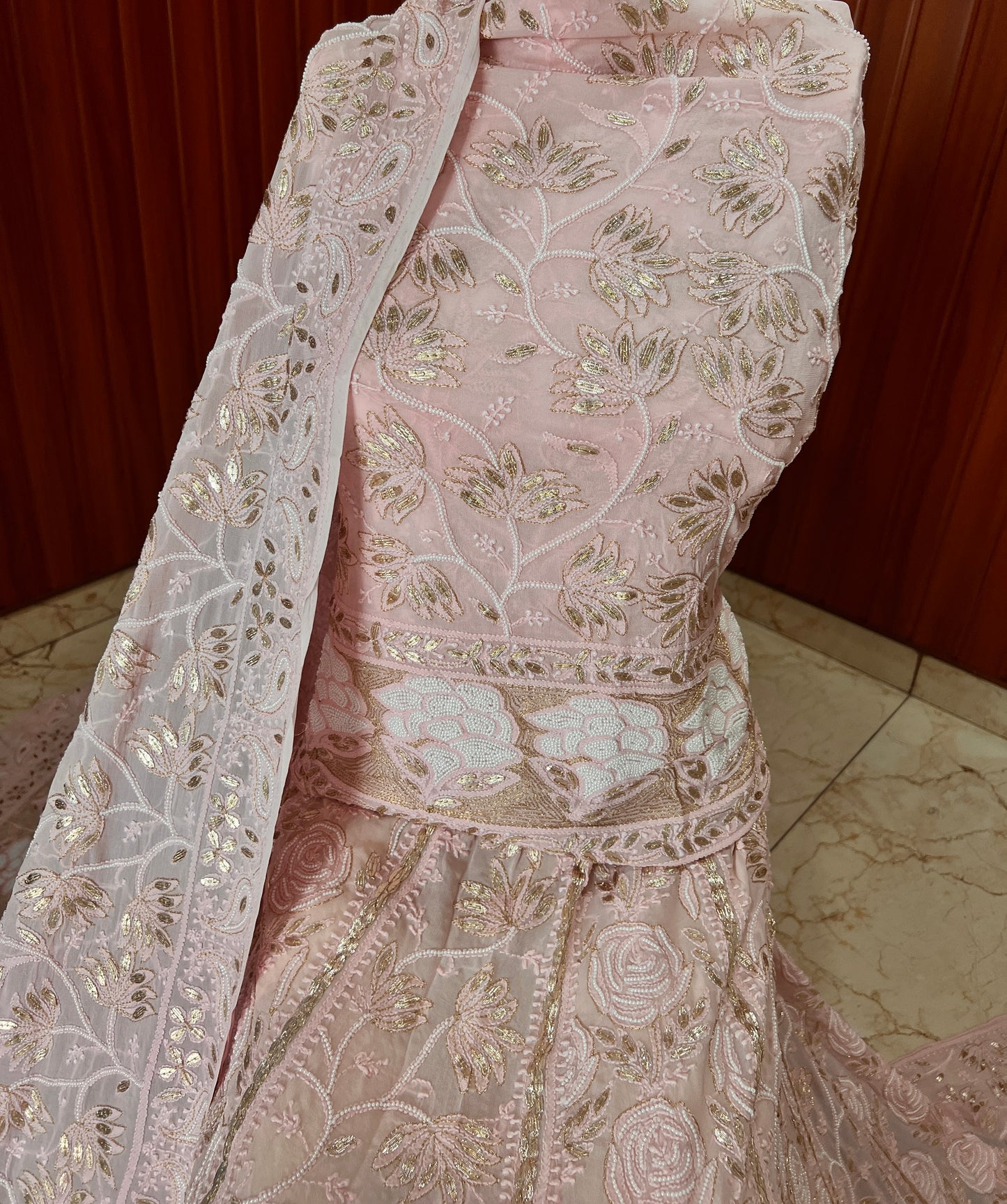 Ruhani Pink Chikankari Gota Patti and Pearl Wedding Lehenga