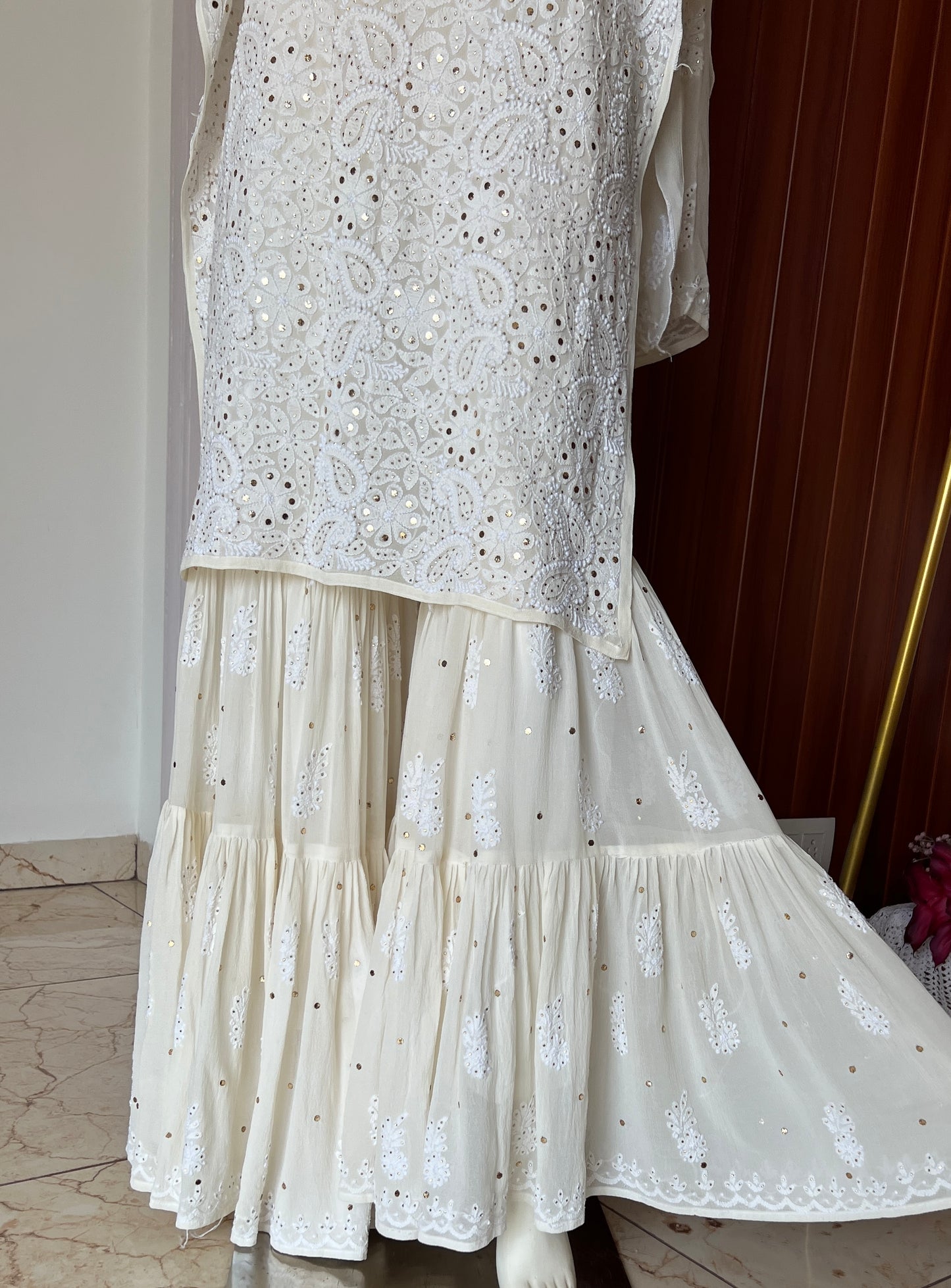 Ivory pure georgette Chikankari and Mukaish sharara set