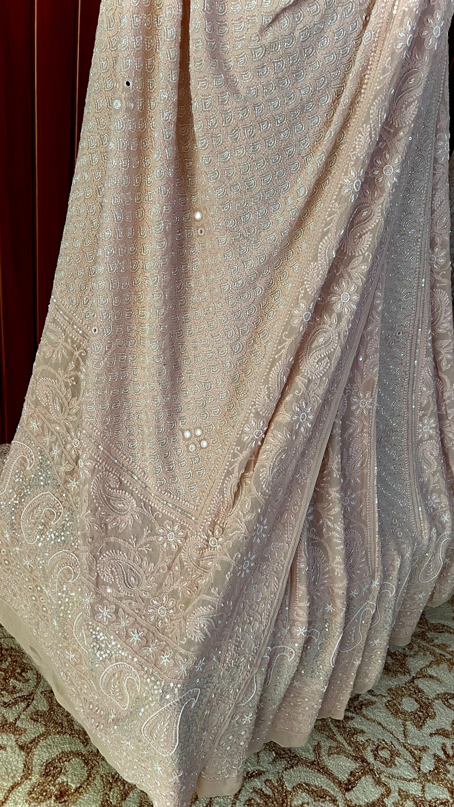 Blush Peach Ruhani Pink Chikankari Sequins Cut Dana Lehenga