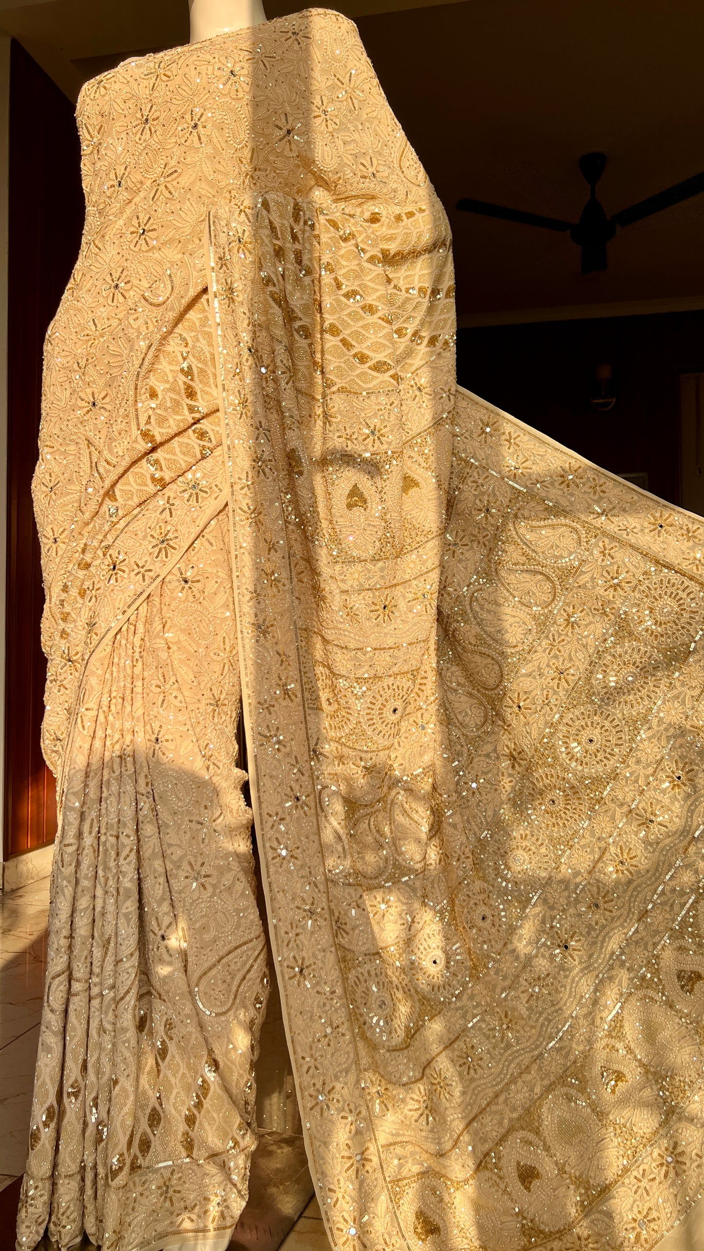 Ruhani Golden Beige Chikankari Sequins Cut Dana Embroidered Masterpiece Saree