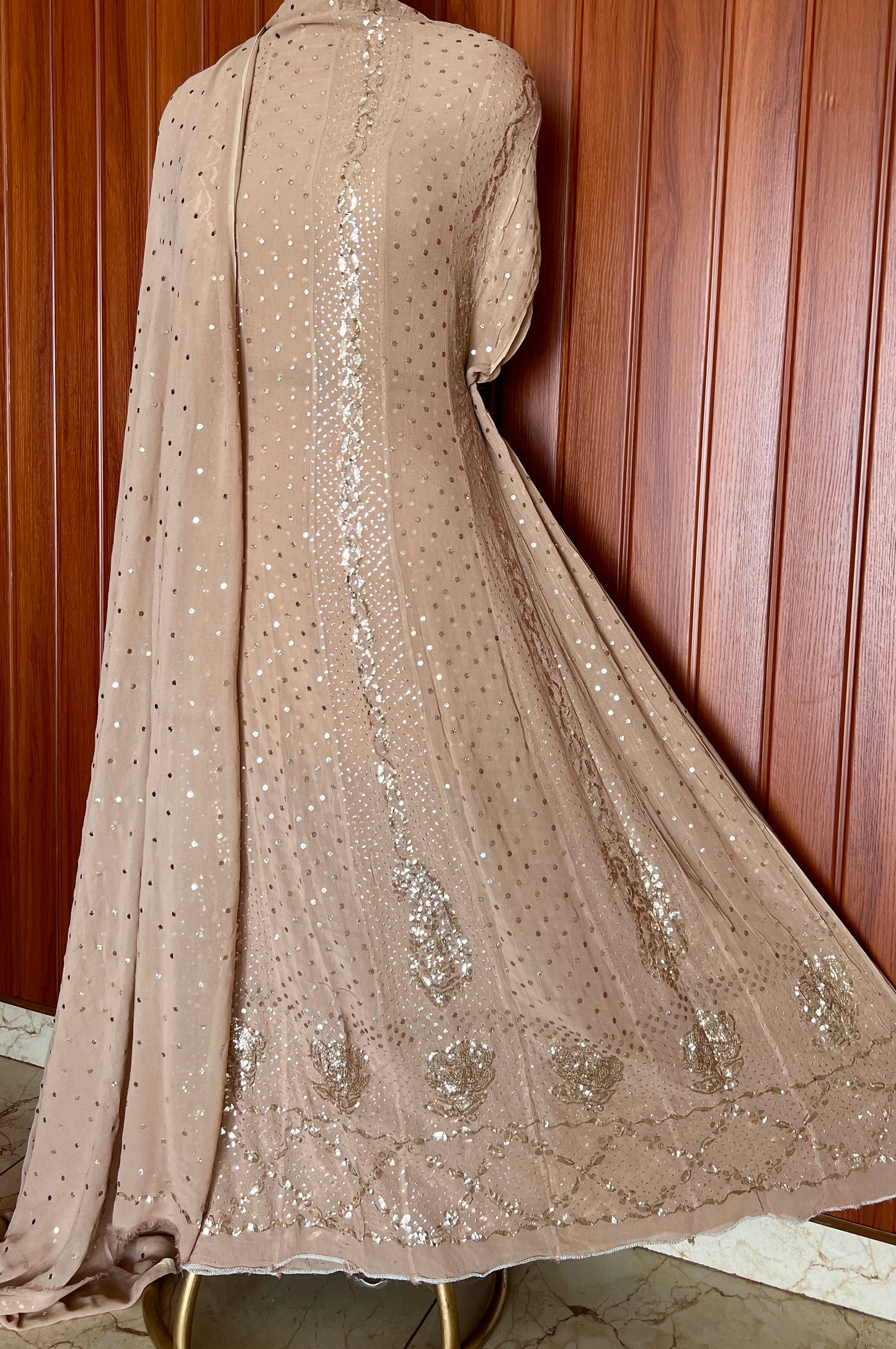 Nude Brown Allover Badla and Mukaish Anarkali with Dupatta