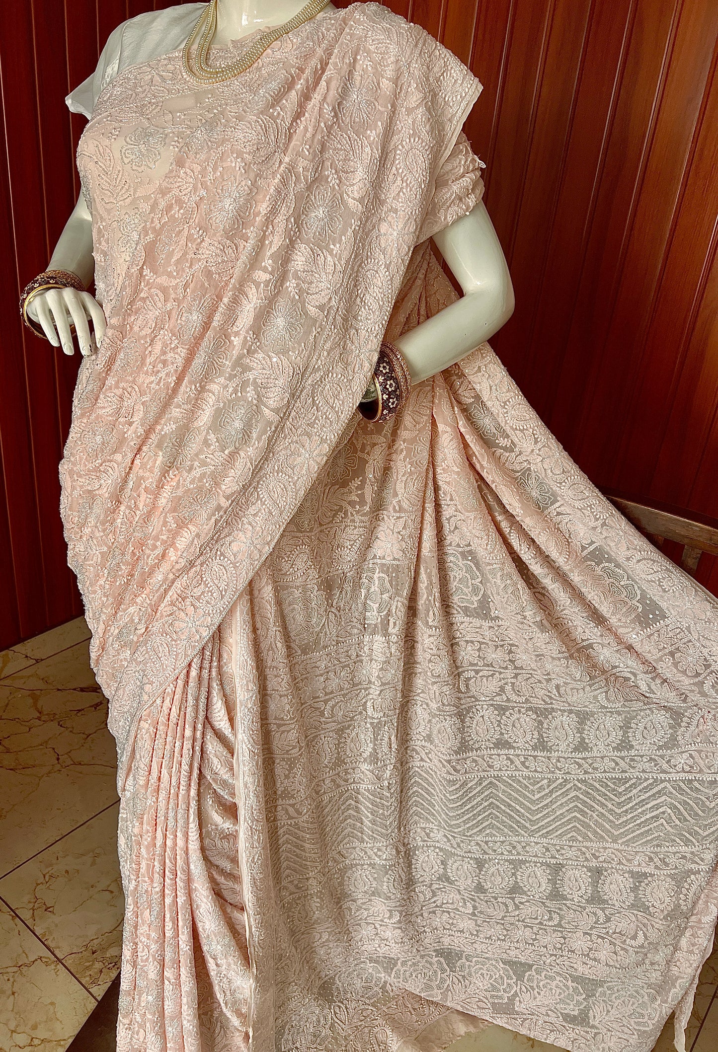 Ruhani Light Peach Chikankari and Cut Dana Saree