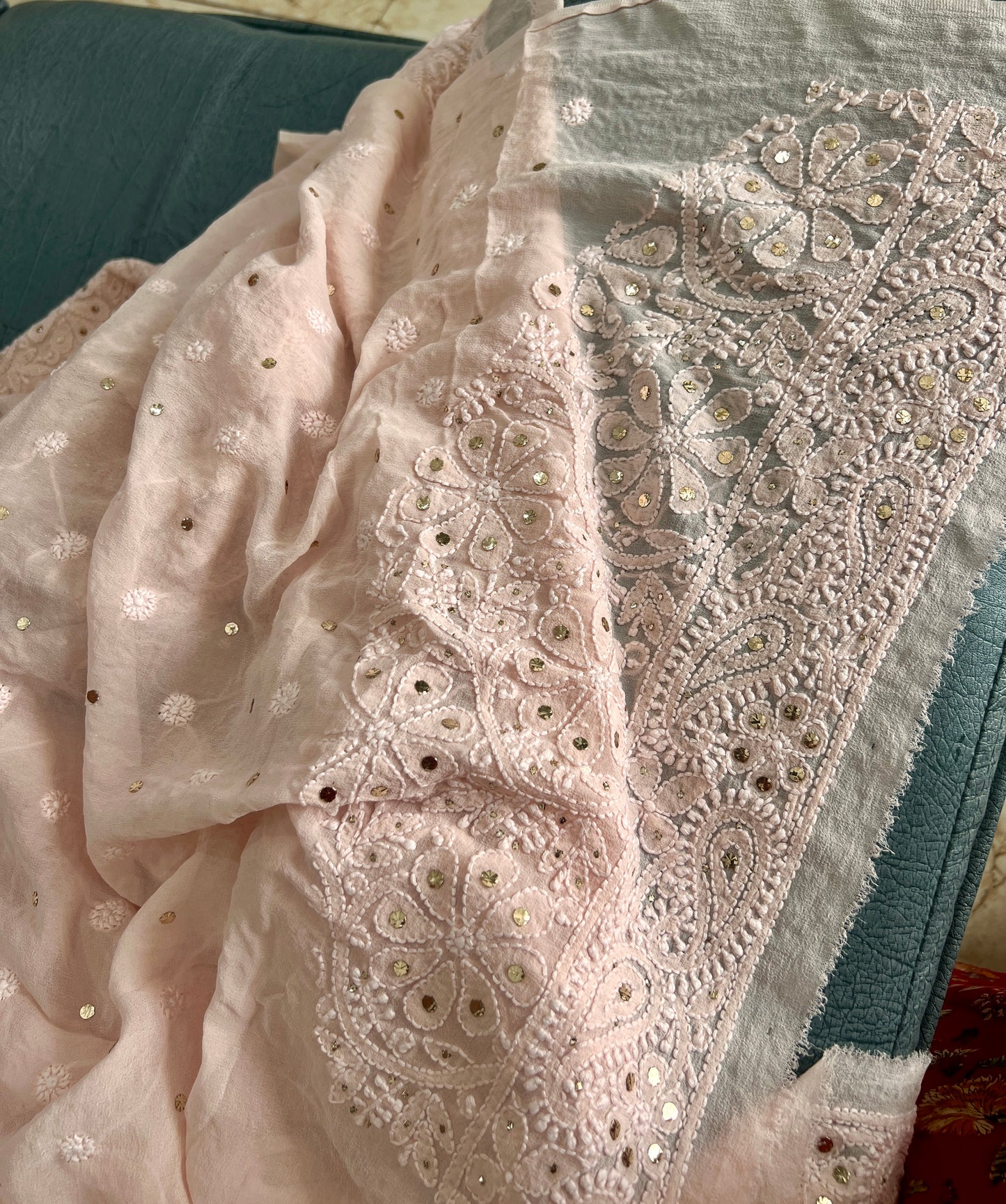 Peachy Pink Ruhani Allover Chikankari and Mukaish Saree